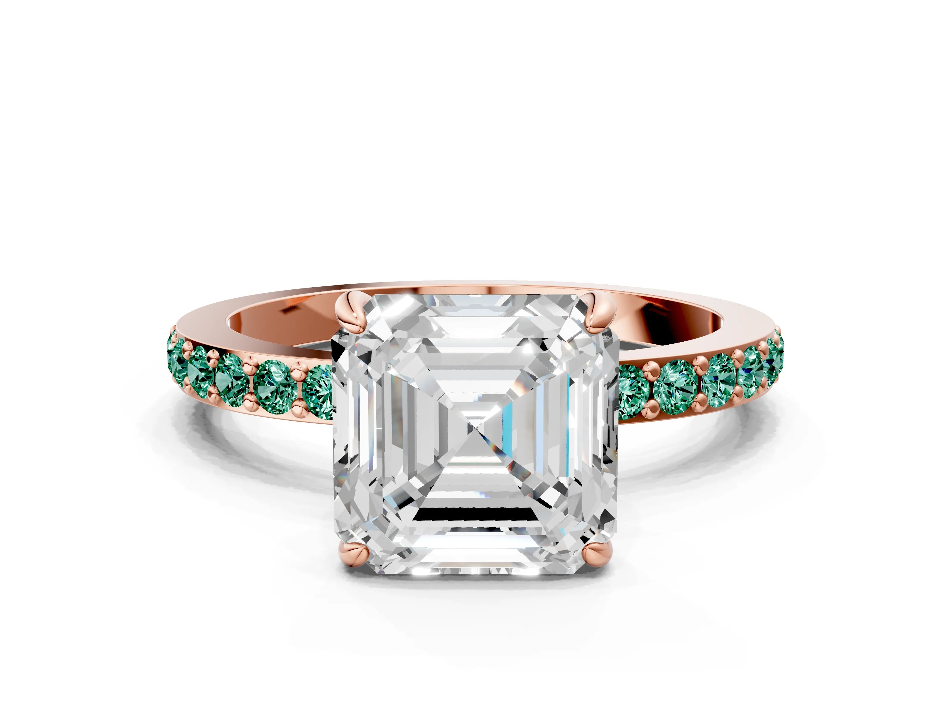 Rose gold Asscher Cut Diamond Pavé Engagement Ring with Round with Green Sapphire side stone Accents and Prong Setting