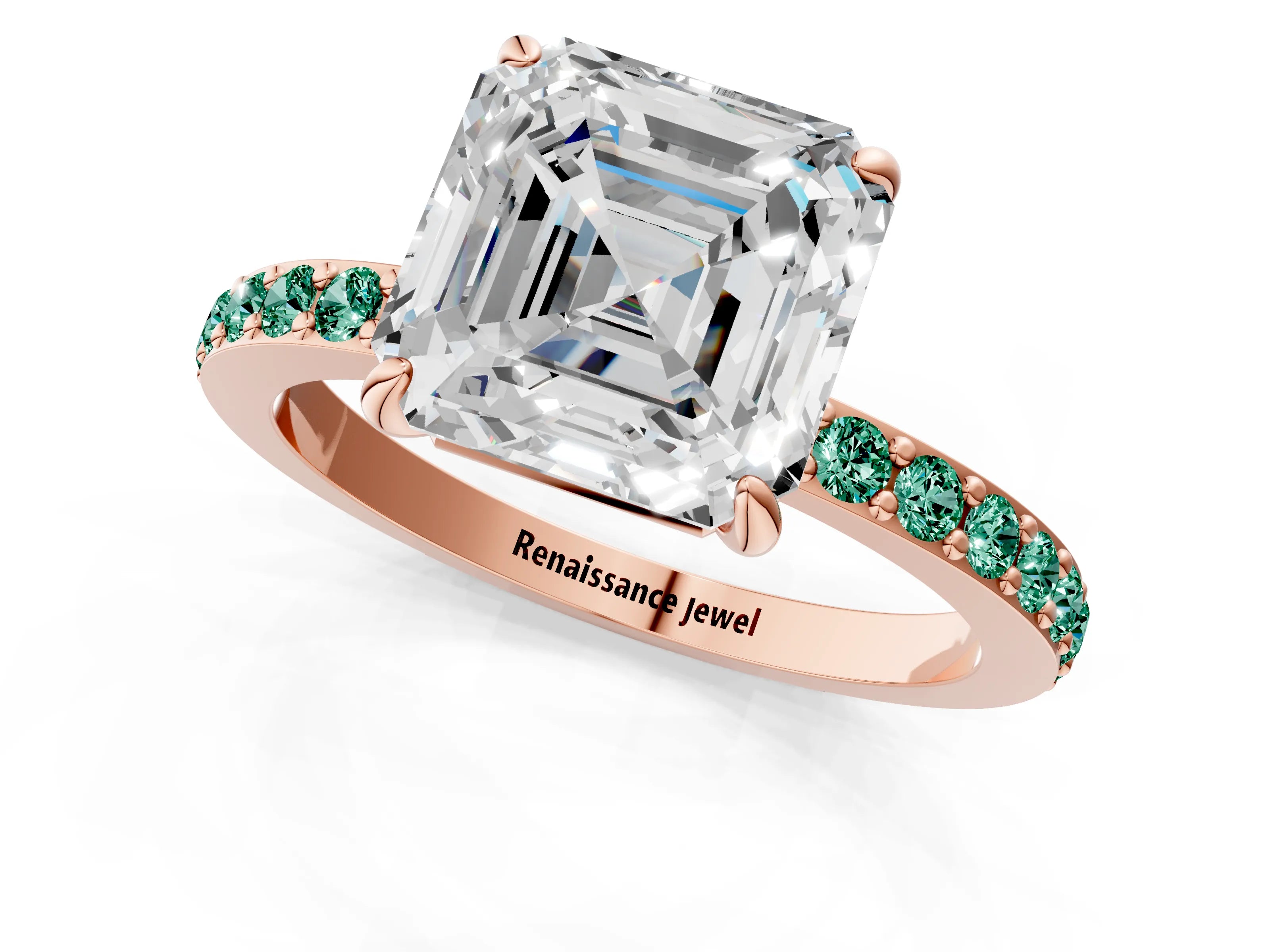 Rose gold Asscher Cut Diamond Pavé Engagement Ring with Round with Green Sapphire side stone Accents and Prong Setting_1