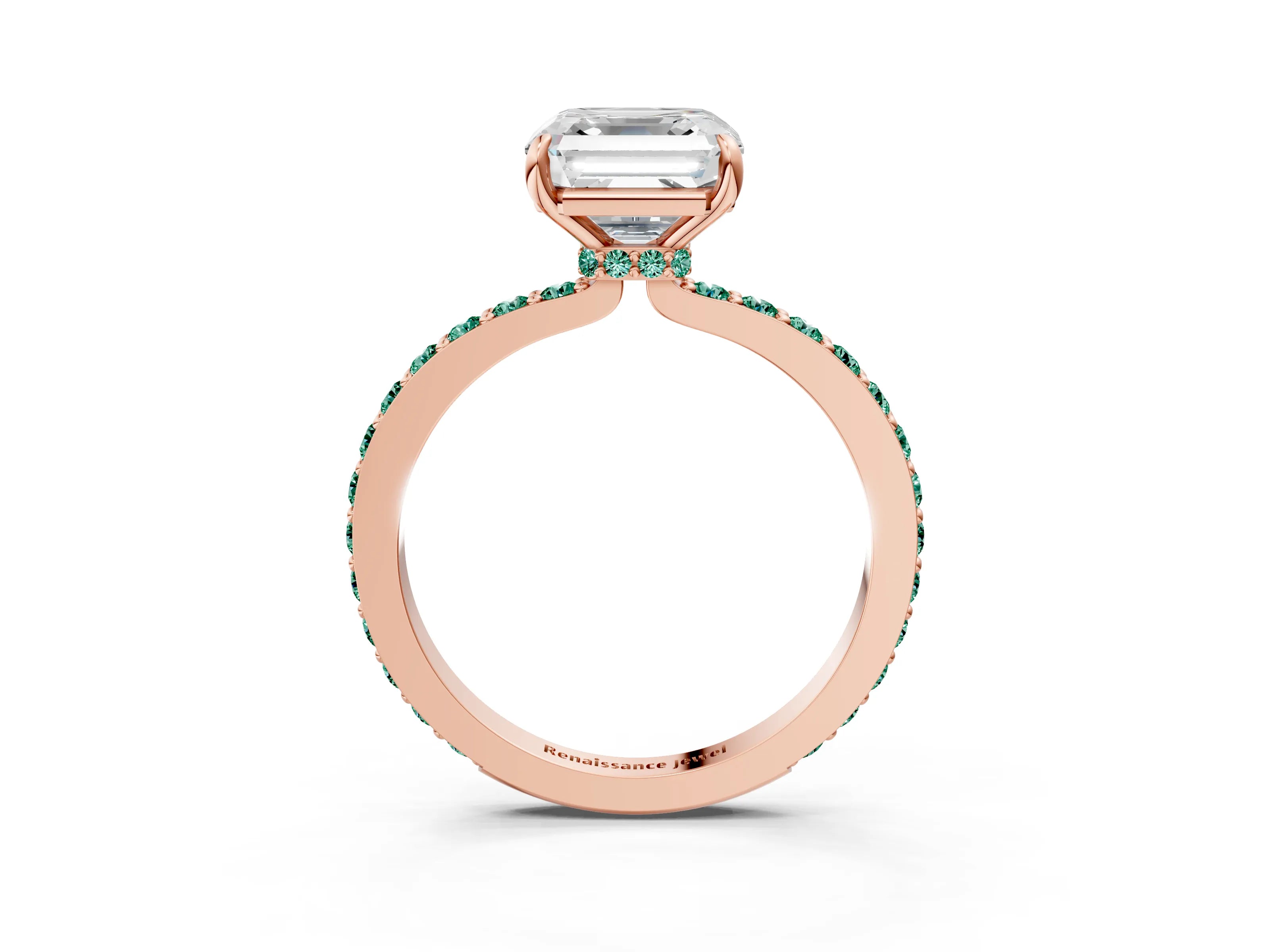Rose gold Asscher Cut Diamond Pavé Engagement Ring with Round with Green Sapphire side stone Accents and Prong Setting_3