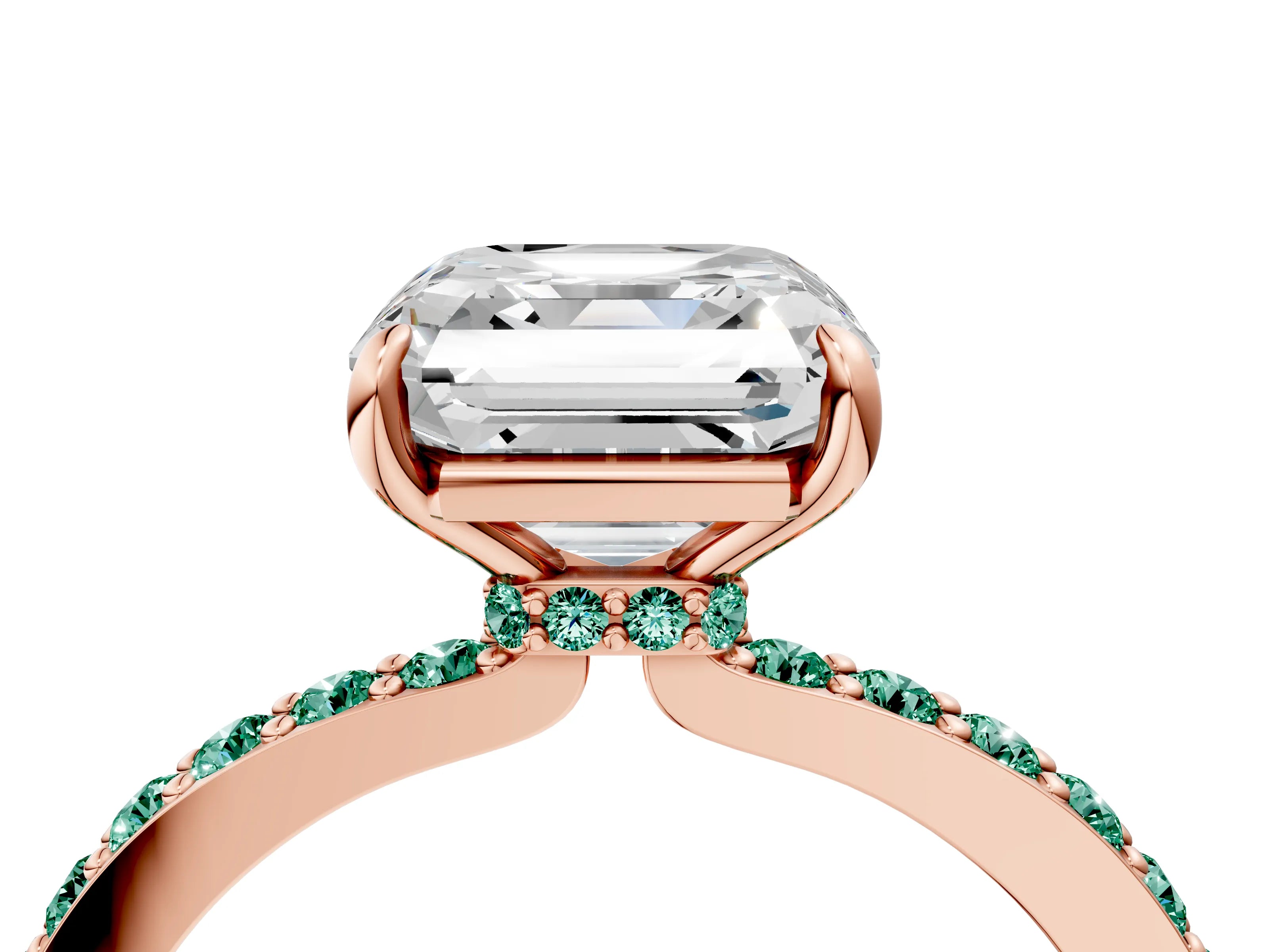 Rose gold Asscher Cut Diamond Pavé Engagement Ring with Round with Green Sapphire side stone Accents and Prong Setting_4