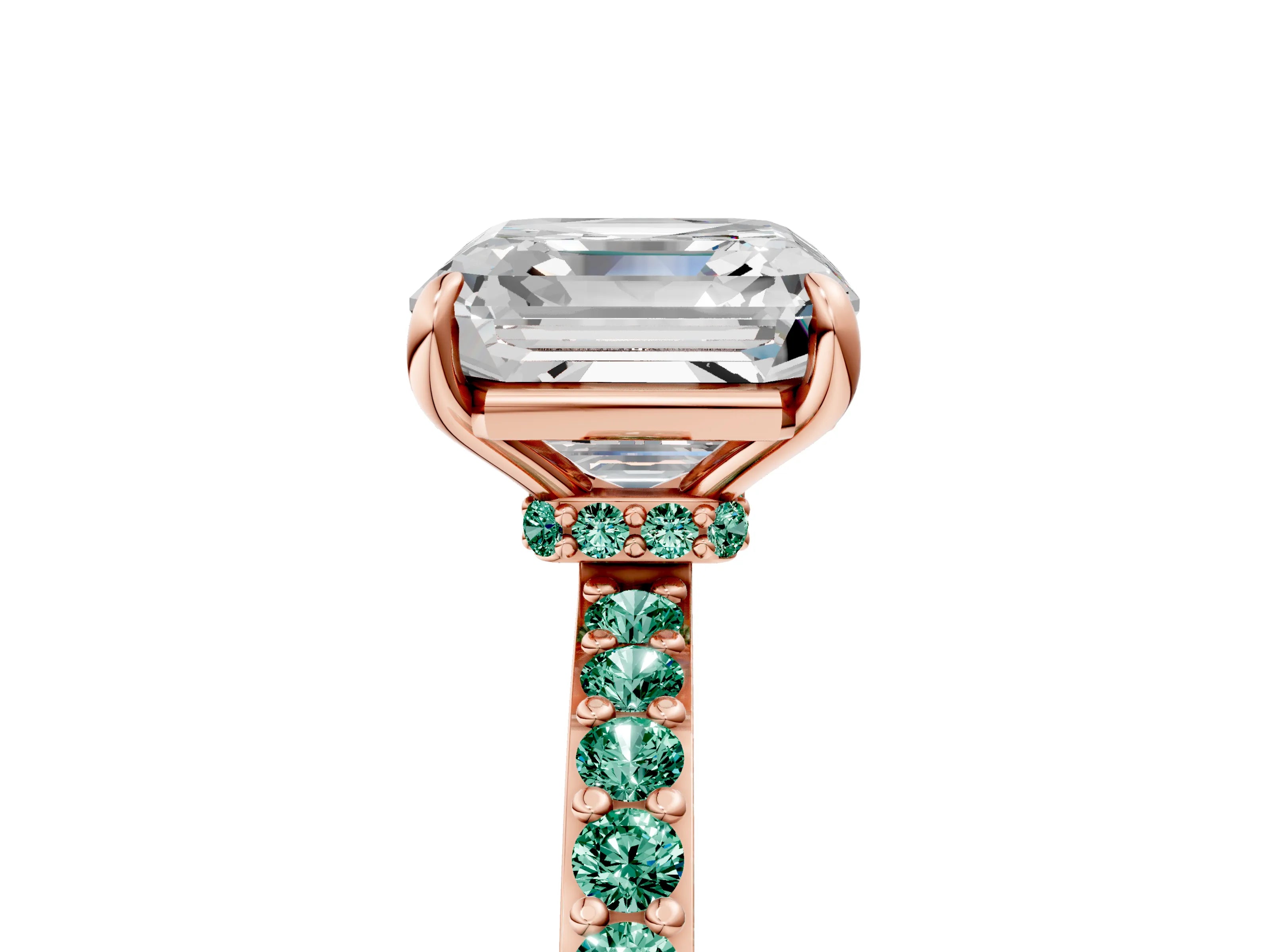 Rose gold Asscher Cut Diamond Pavé Engagement Ring with Round with Green Sapphire side stone Accents and Prong Setting_5