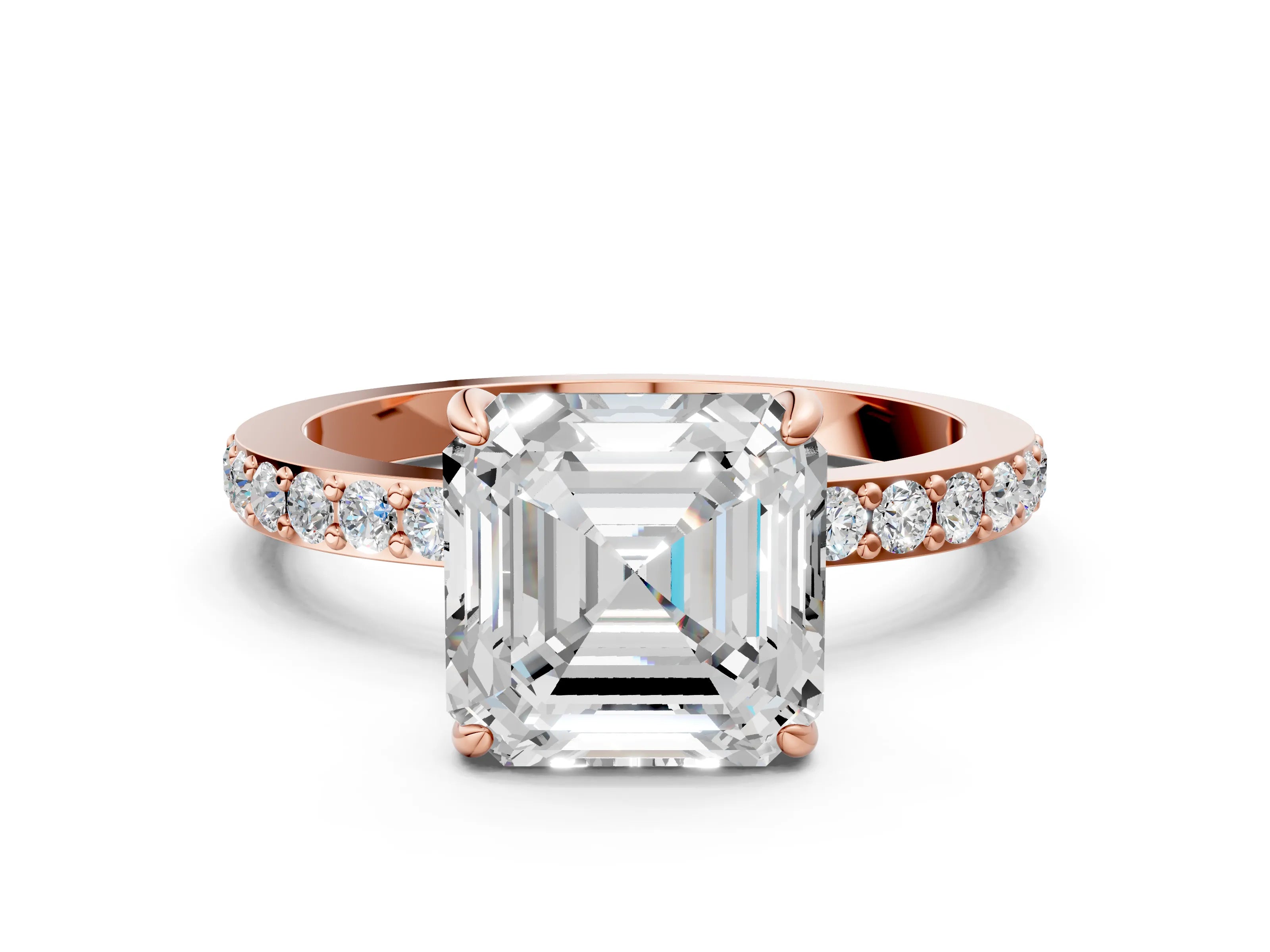 Rose gold Asscher Cut Diamond Pavé Engagement Ring with Round with Moissanite side stone Accents and Prong Setting