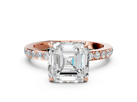 Rose gold Asscher Cut Diamond Pavé Engagement Ring with Round with Moissanite side stone Accents and Prong Setting