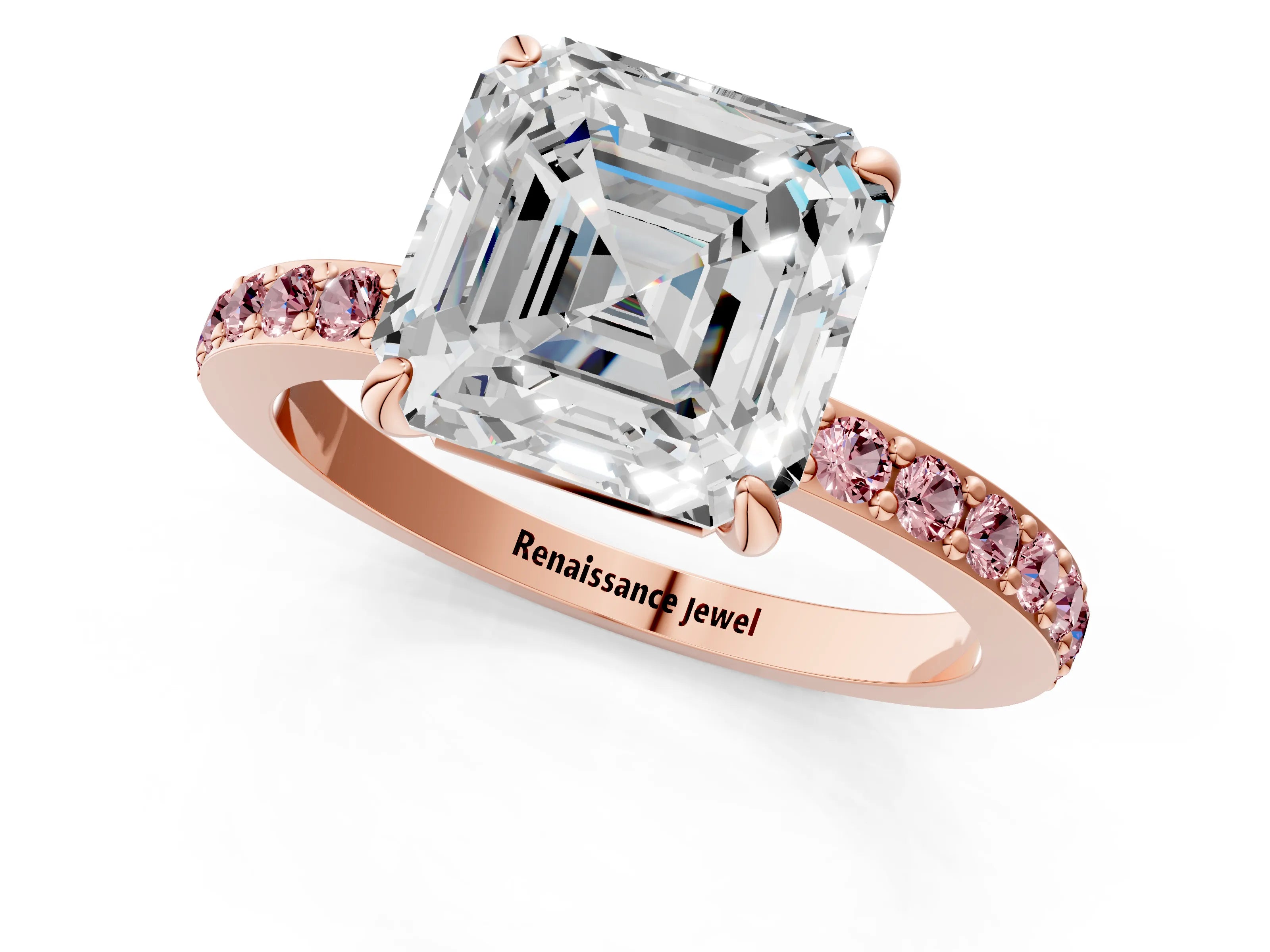 Rose gold Asscher Cut Diamond Pavé Engagement Ring with Round with Morganite side stone Accents and Prong Setting_1