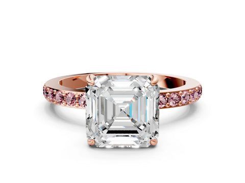 Rose gold Asscher Cut Diamond Pavé Engagement Ring with Round with Morganite side stone Accents and Prong Setting