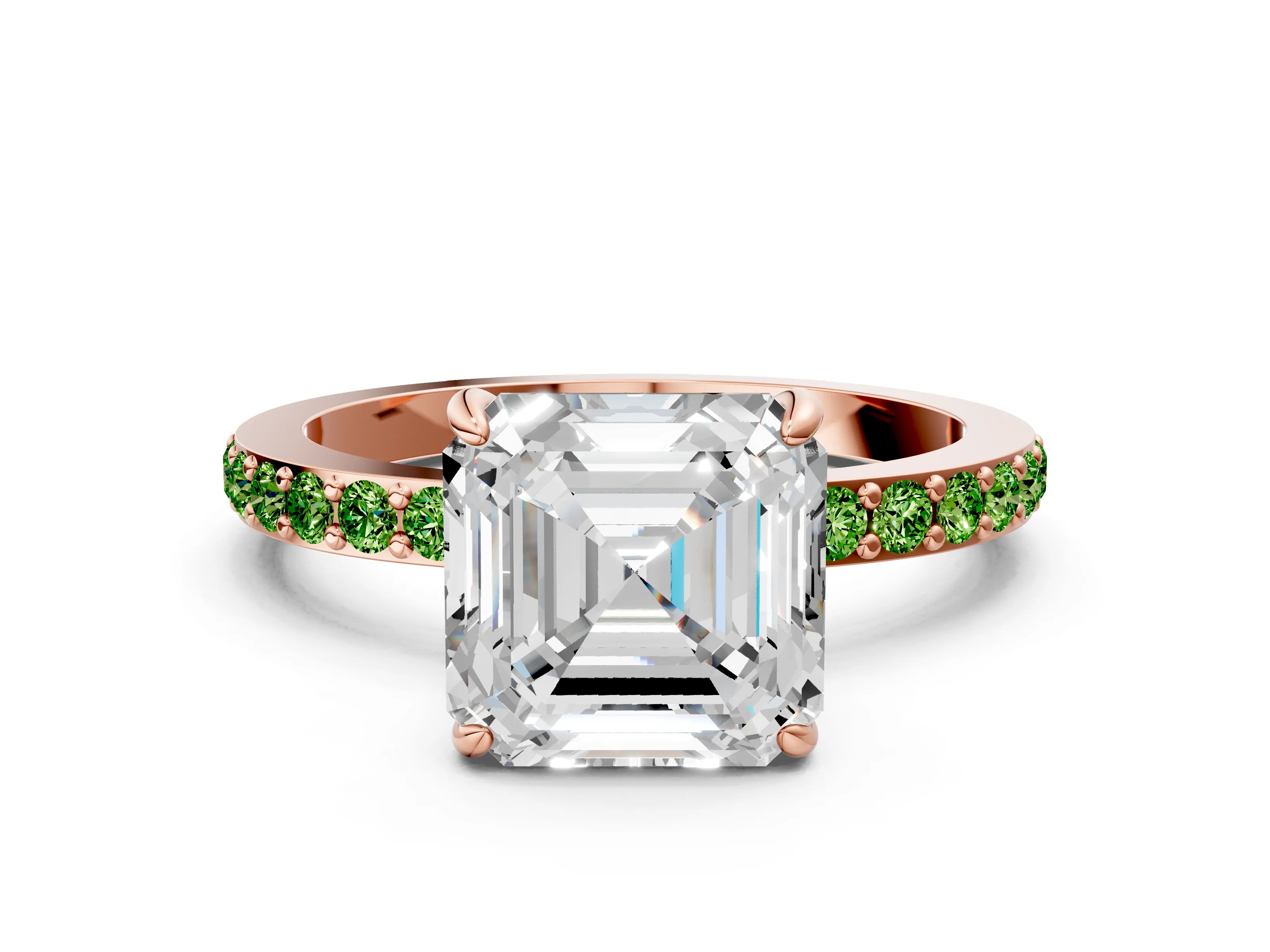 Rose gold Asscher Cut Diamond Pavé Engagement Ring with Round with Peridot side stone Accents and Prong Setting