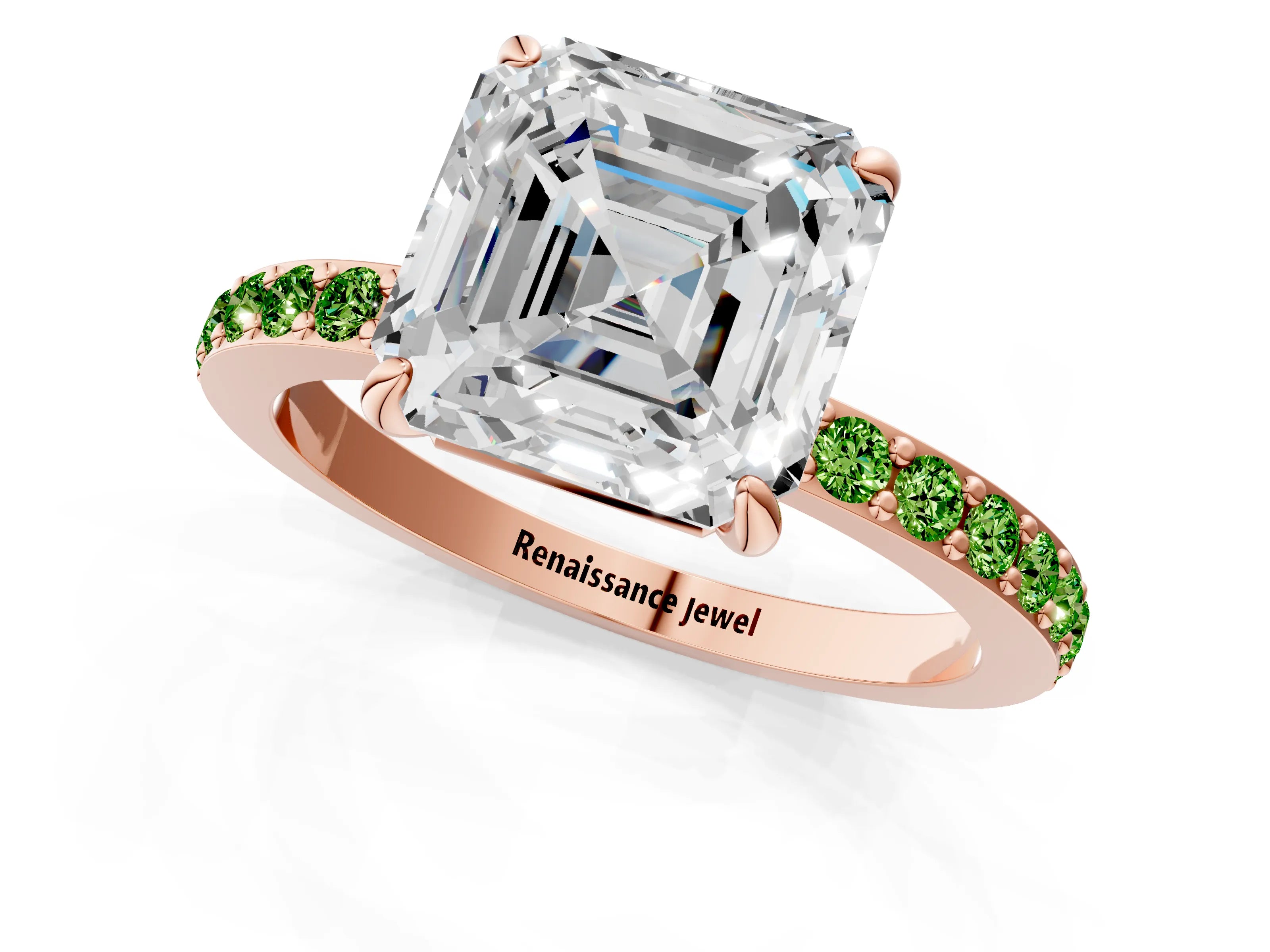 Rose gold Asscher Cut Diamond Pavé Engagement Ring with Round with Peridot side stone Accents and Prong Setting_1