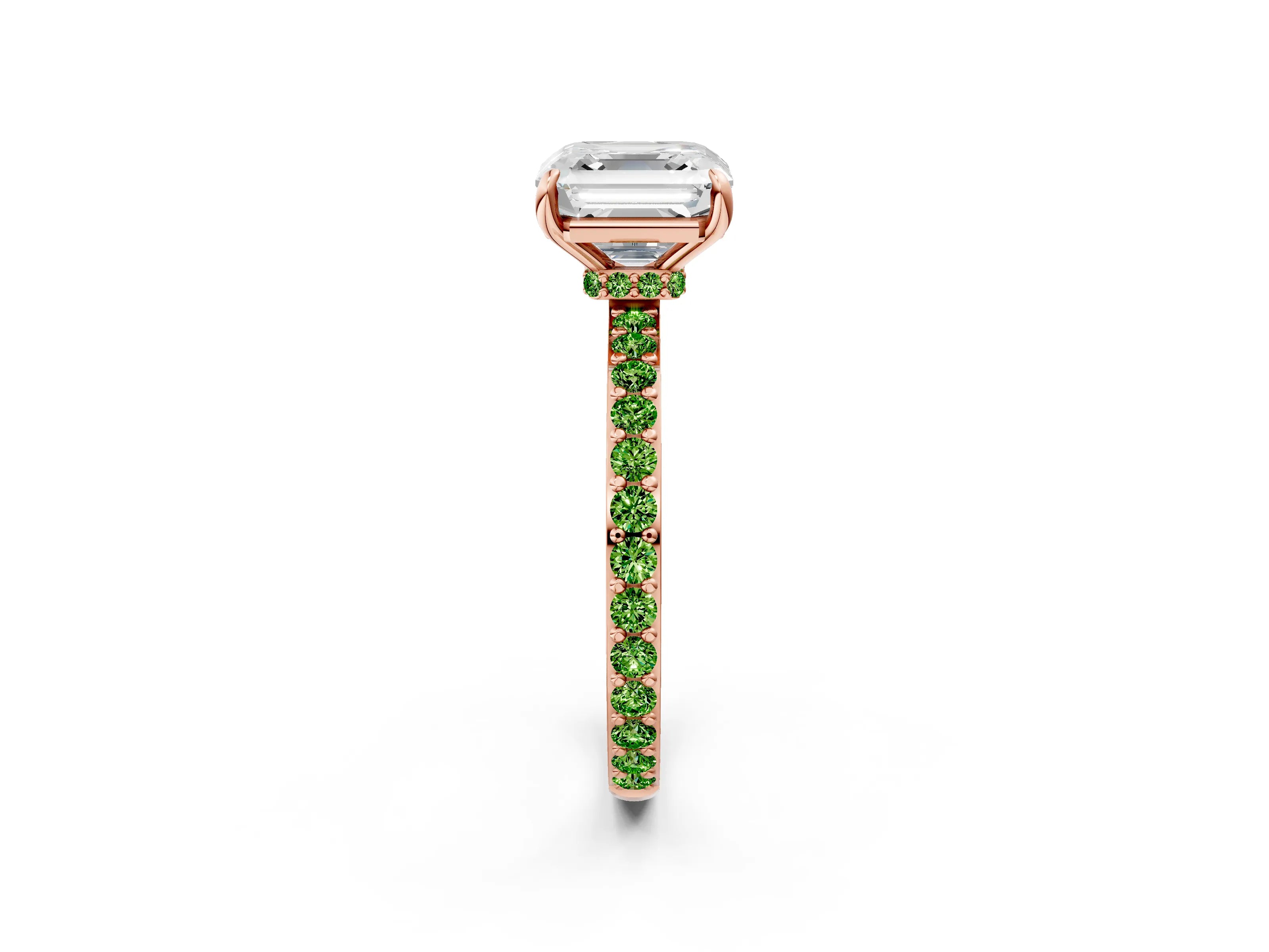 Rose gold Asscher Cut Diamond Pavé Engagement Ring with Round with Peridot side stone Accents and Prong Setting_2