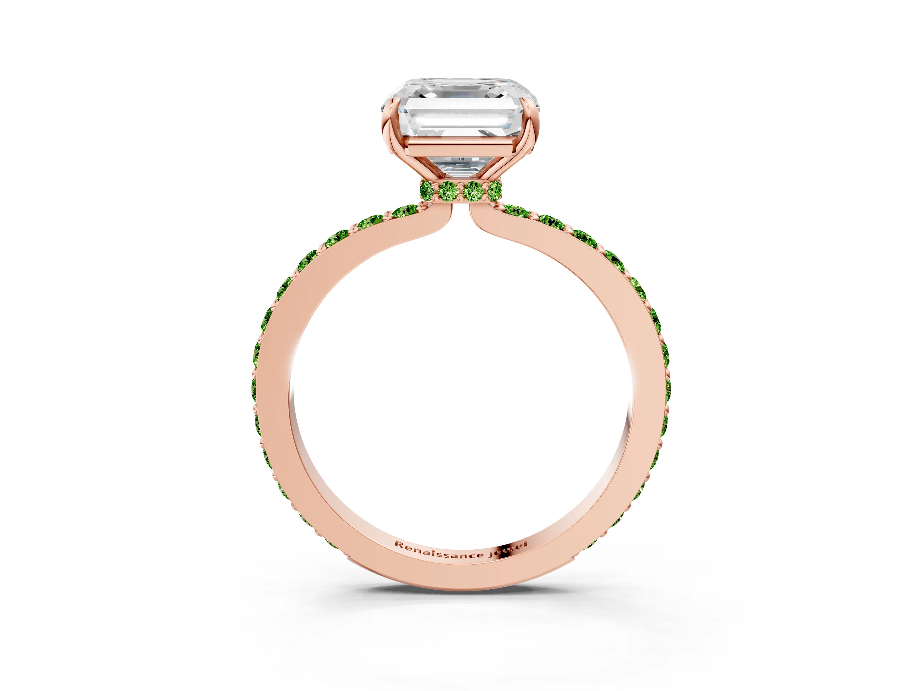 Rose gold Asscher Cut Diamond Pavé Engagement Ring with Round with Peridot side stone Accents and Prong Setting_3