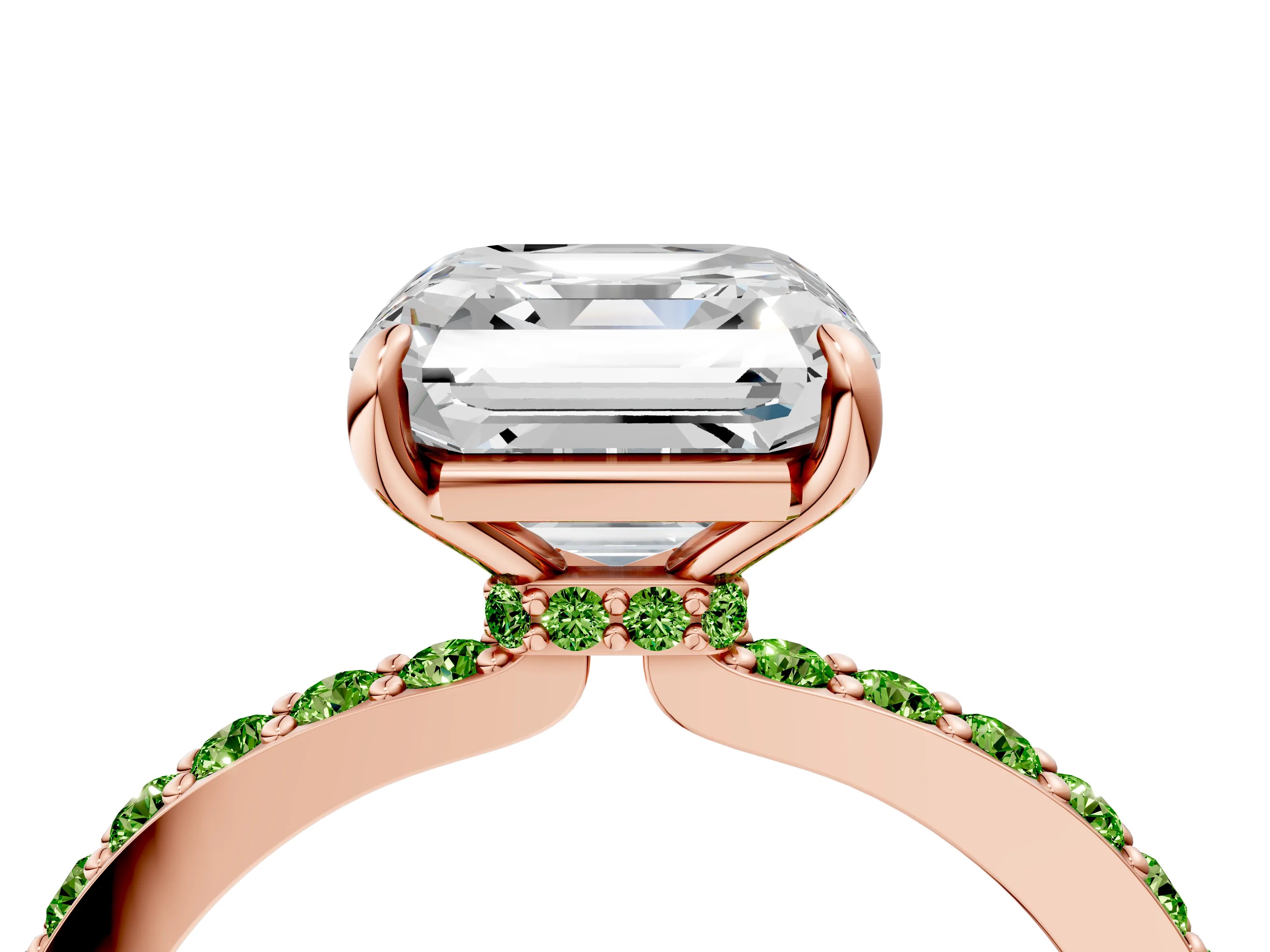 Rose gold Asscher Cut Diamond Pavé Engagement Ring with Round with Peridot side stone Accents and Prong Setting_4