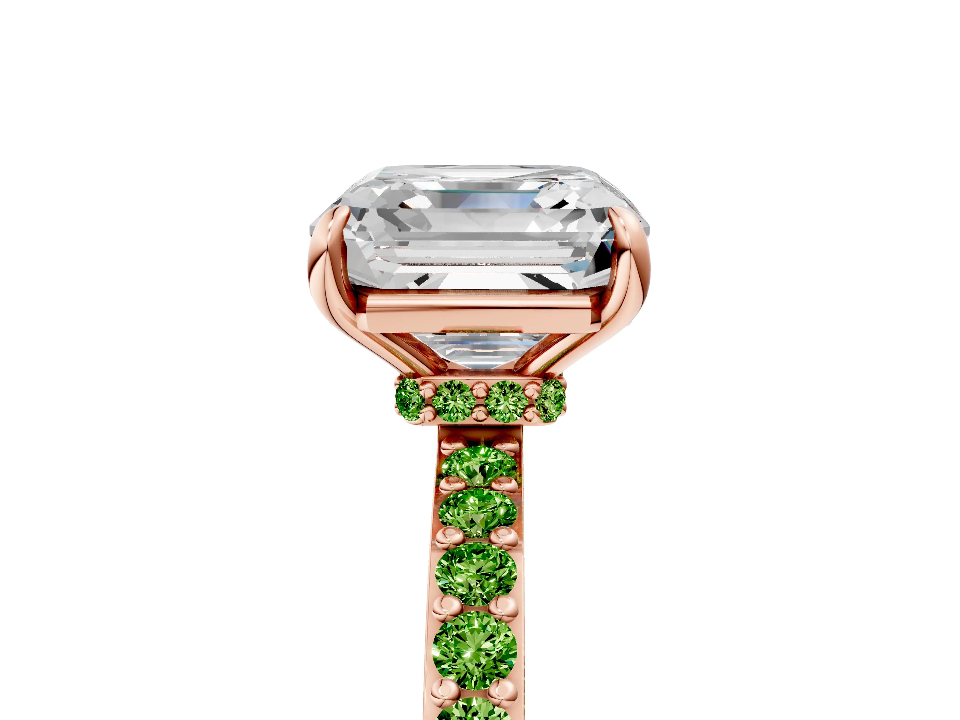 Rose gold Asscher Cut Diamond Pavé Engagement Ring with Round with Peridot side stone Accents and Prong Setting_5