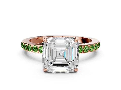 Rose gold Asscher Cut Diamond Pavé Engagement Ring with Round with Peridot side stone Accents and Prong Setting