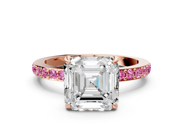 Rose Gold Asscher Cut Hidden Halo Engagement Ring Setting with Lab-Grown Pink Sapphire Pave Band