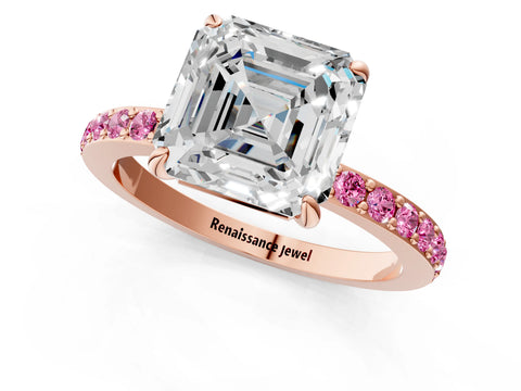 Rose gold Asscher Cut Diamond Pavé Engagement Ring with Round with Pink Sapphire side stone Accents and Prong Setting_1