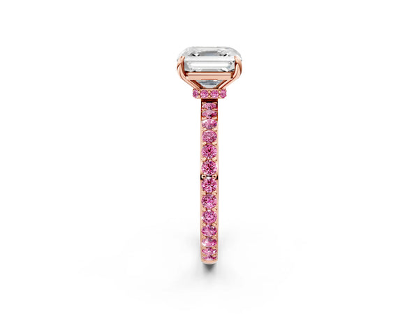 Rose Gold Asscher Cut Hidden Halo Engagement Ring Setting with Lab-Grown Pink Sapphire Pave Band