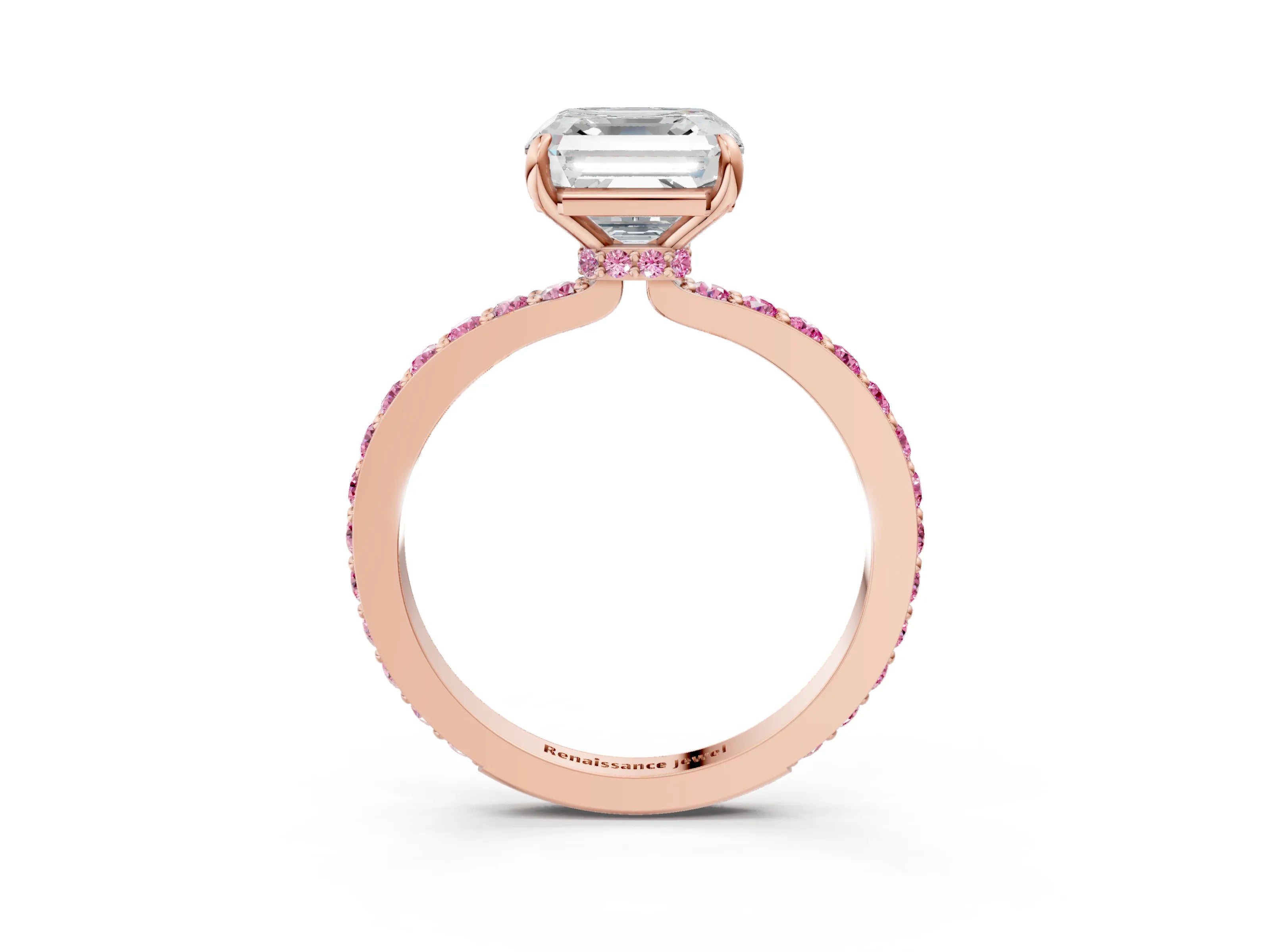 Rose gold Asscher Cut Diamond Pavé Engagement Ring with Round with Pink Sapphire side stone Accents and Prong Setting_3