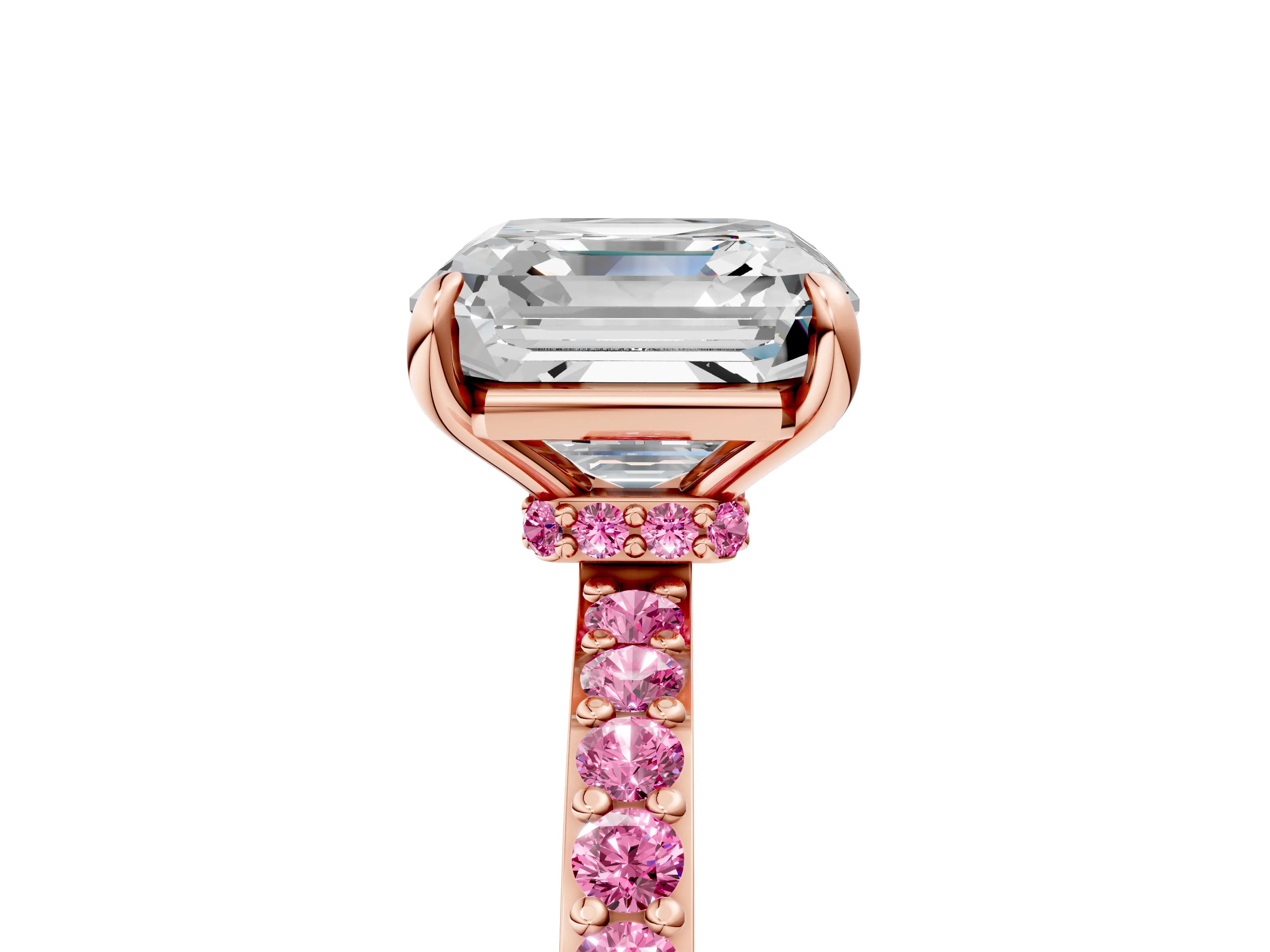 Rose gold Asscher Cut Diamond Pavé Engagement Ring with Round with Pink Sapphire side stone Accents and Prong Setting_5