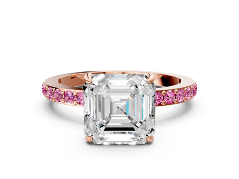 Rose gold Asscher Cut Diamond Pavé Engagement Ring with Round with Pink Sapphire side stone Accents and Prong Setting