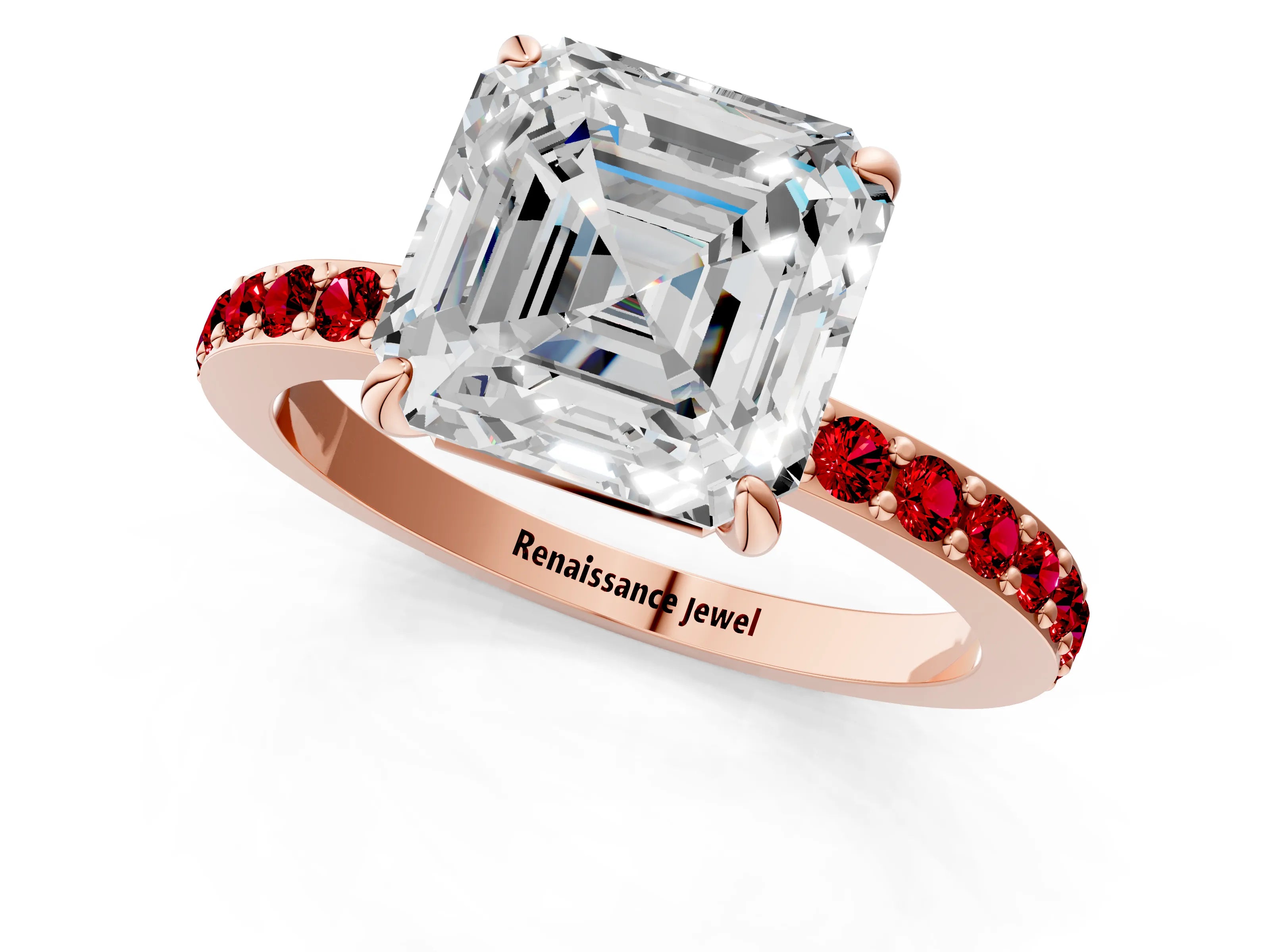 Rose gold Asscher Cut Diamond Pavé Engagement Ring with Round with Ruby side stone Accents and Prong Setting_1