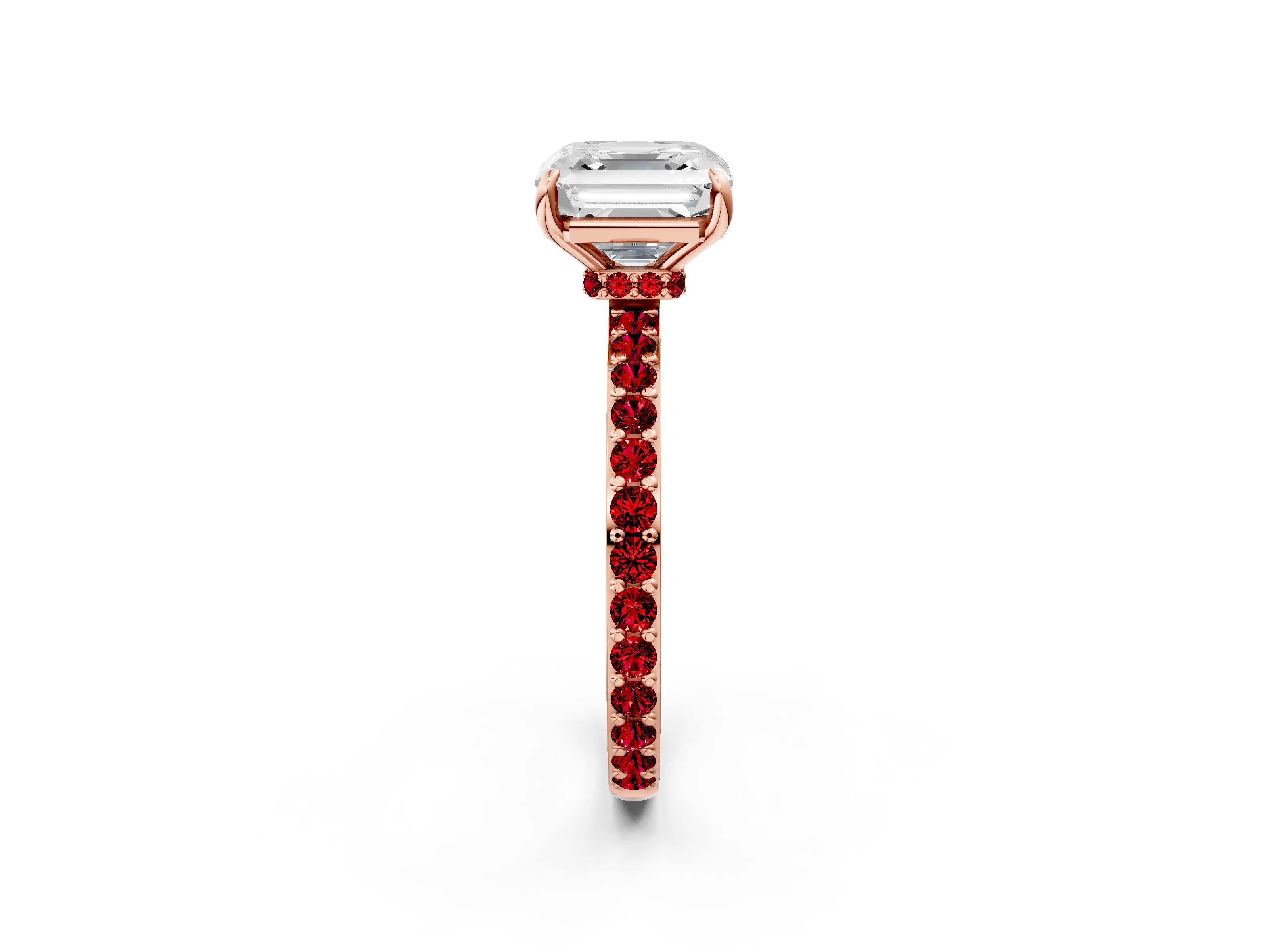 Rose gold Asscher Cut Diamond Pavé Engagement Ring with Round with Ruby side stone Accents and Prong Setting_2