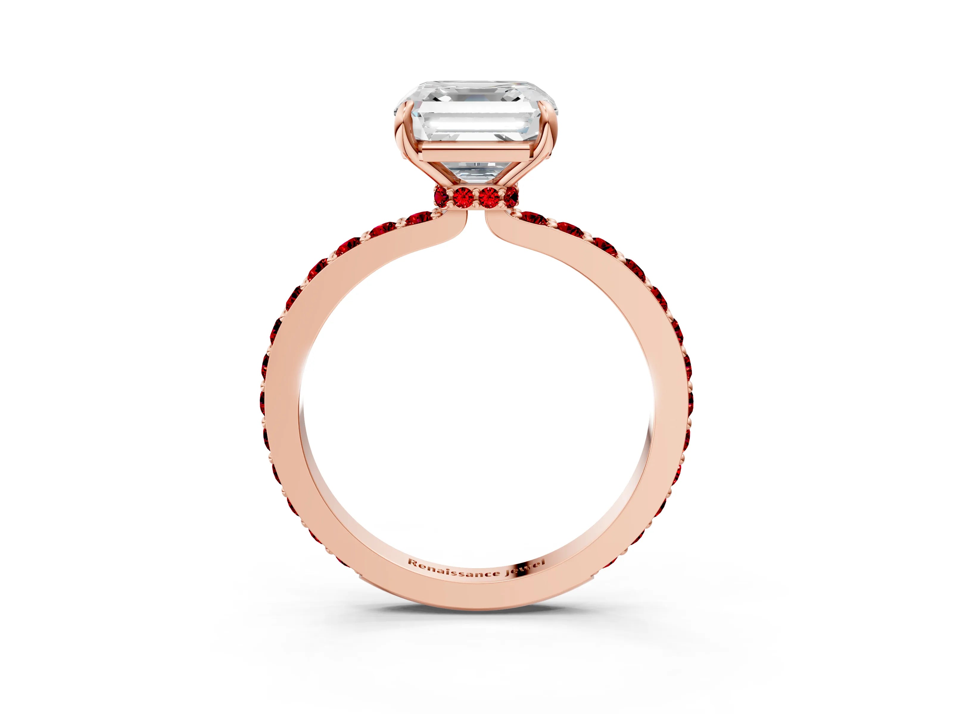 Rose gold Asscher Cut Diamond Pavé Engagement Ring with Round with Ruby side stone Accents and Prong Setting_3