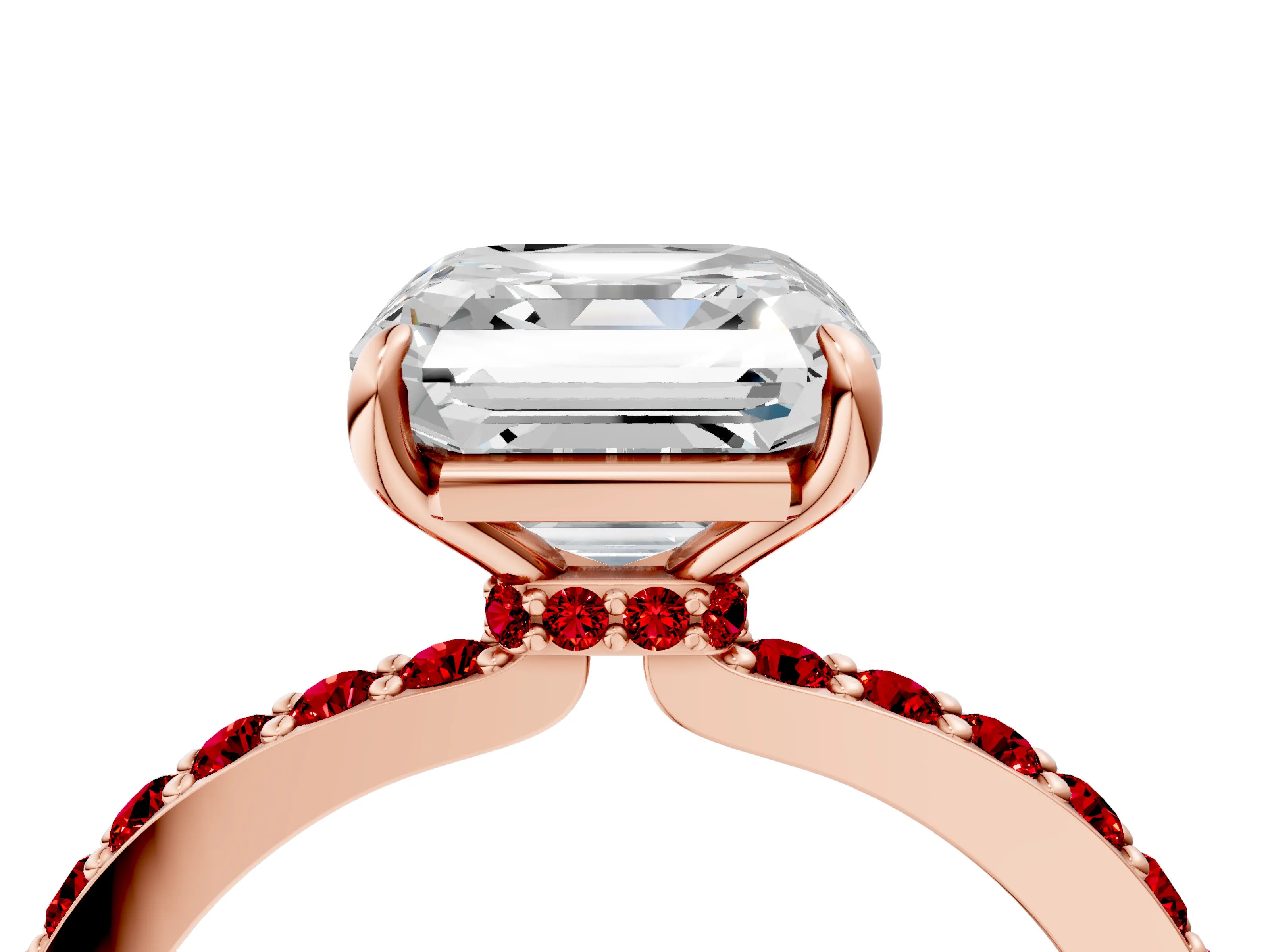 Rose gold Asscher Cut Diamond Pavé Engagement Ring with Round with Ruby side stone Accents and Prong Setting_4