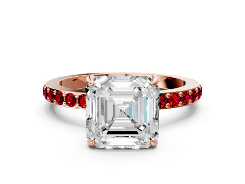 Rose gold Asscher Cut Diamond Pavé Engagement Ring with Round with Ruby side stone Accents and Prong Setting