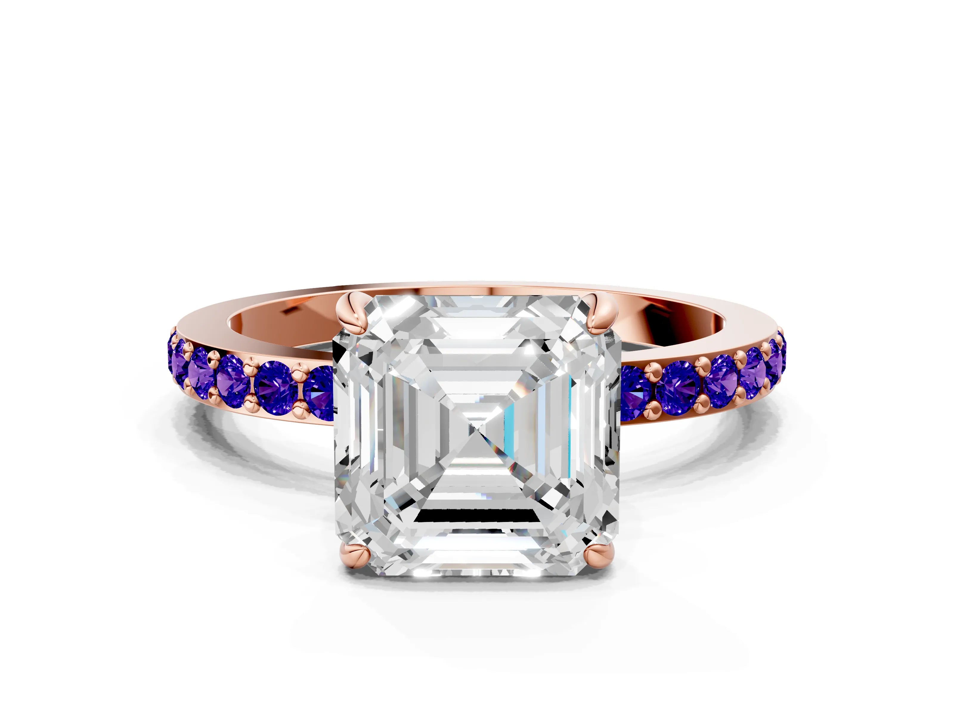 Rose gold Asscher Cut Diamond Pavé Engagement Ring with Round with Tanzanite side stone Accents and Prong Setting