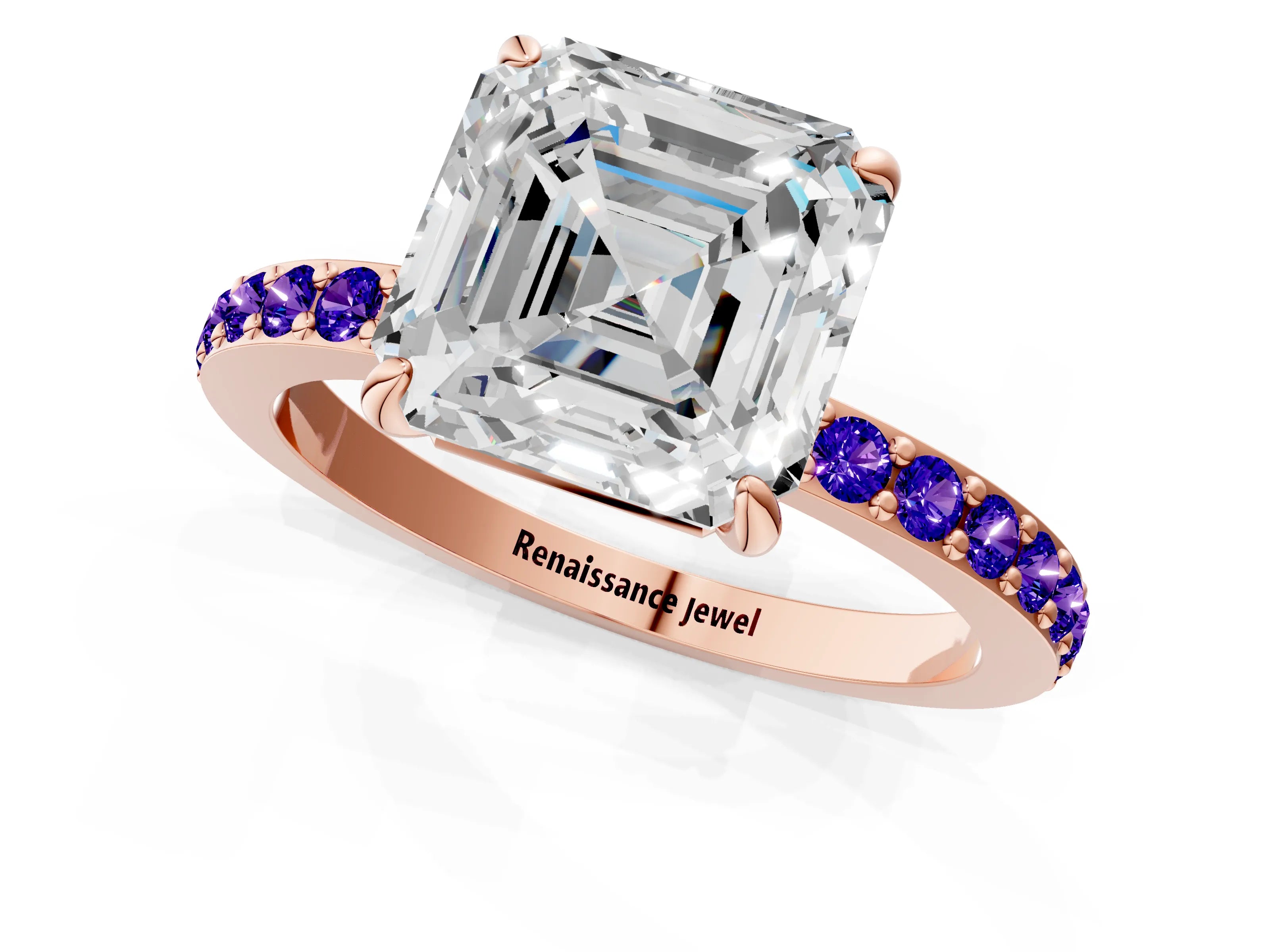 Rose gold Asscher Cut Diamond Pavé Engagement Ring with Round with Tanzanite side stone Accents and Prong Setting_1