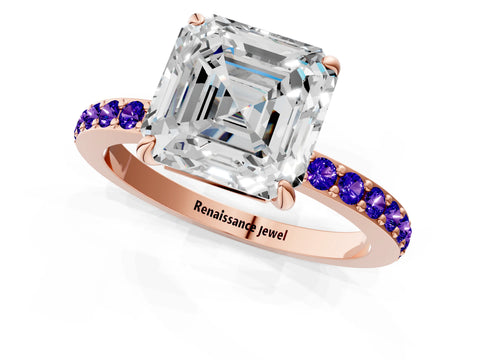 Rose gold Asscher Cut Diamond Pavé Engagement Ring with Round with Tanzanite side stone Accents and Prong Setting_1
