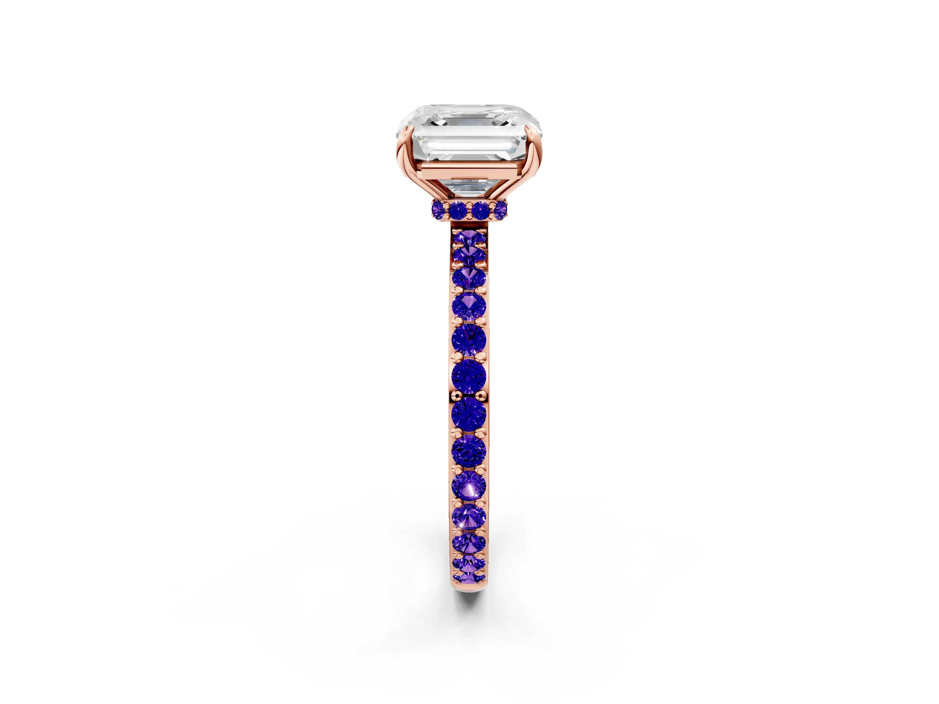 Rose gold Asscher Cut Diamond Pavé Engagement Ring with Round with Tanzanite side stone Accents and Prong Setting_2