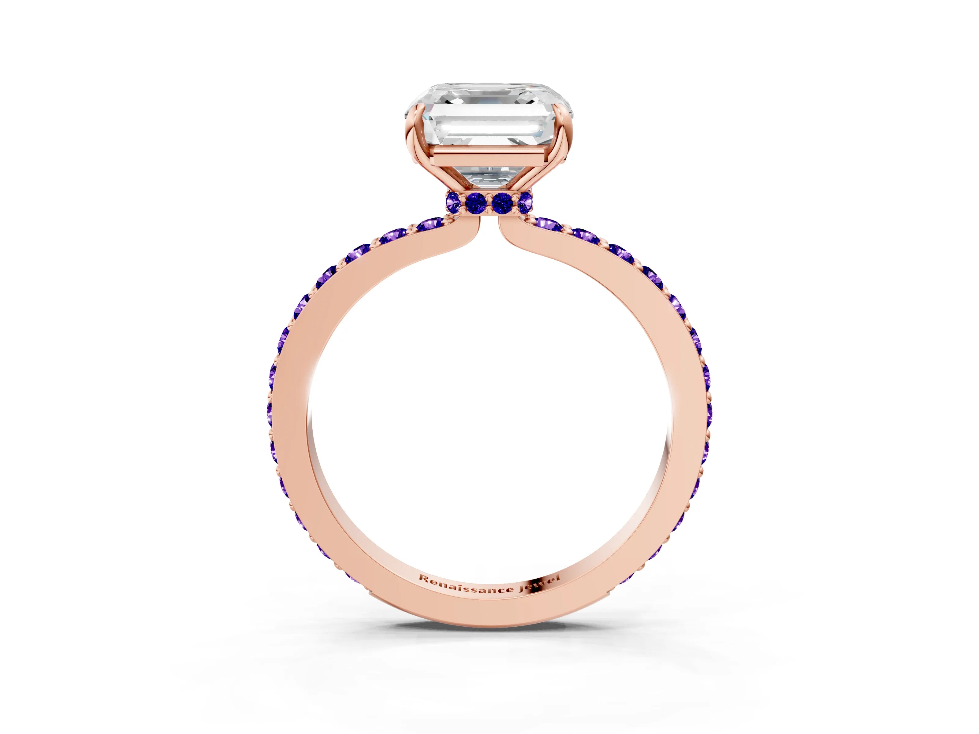 Rose gold Asscher Cut Diamond Pavé Engagement Ring with Round with Tanzanite side stone Accents and Prong Setting_3