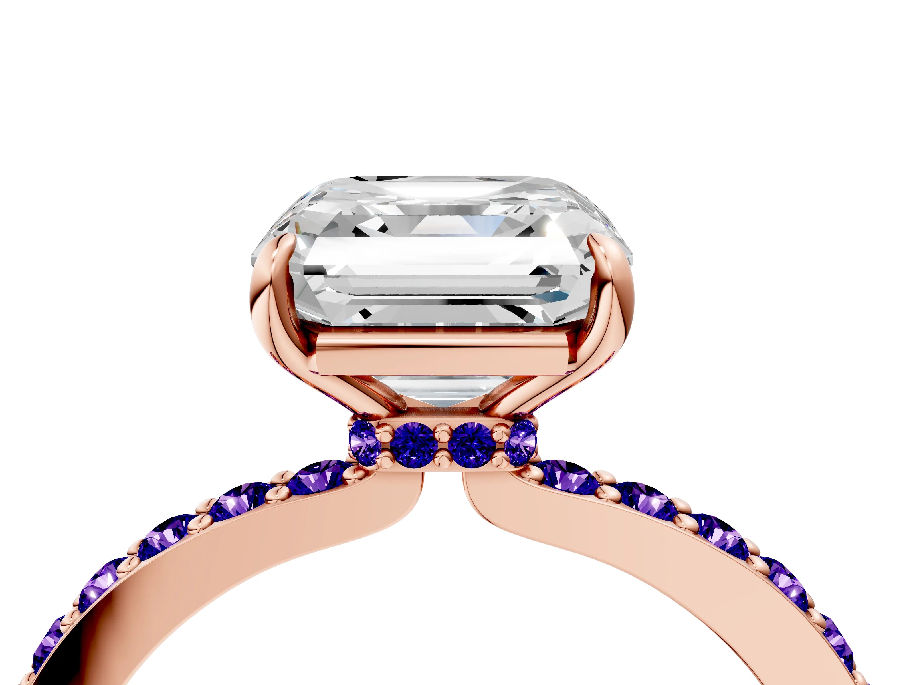 Rose gold Asscher Cut Diamond Pavé Engagement Ring with Round with Tanzanite side stone Accents and Prong Setting_4