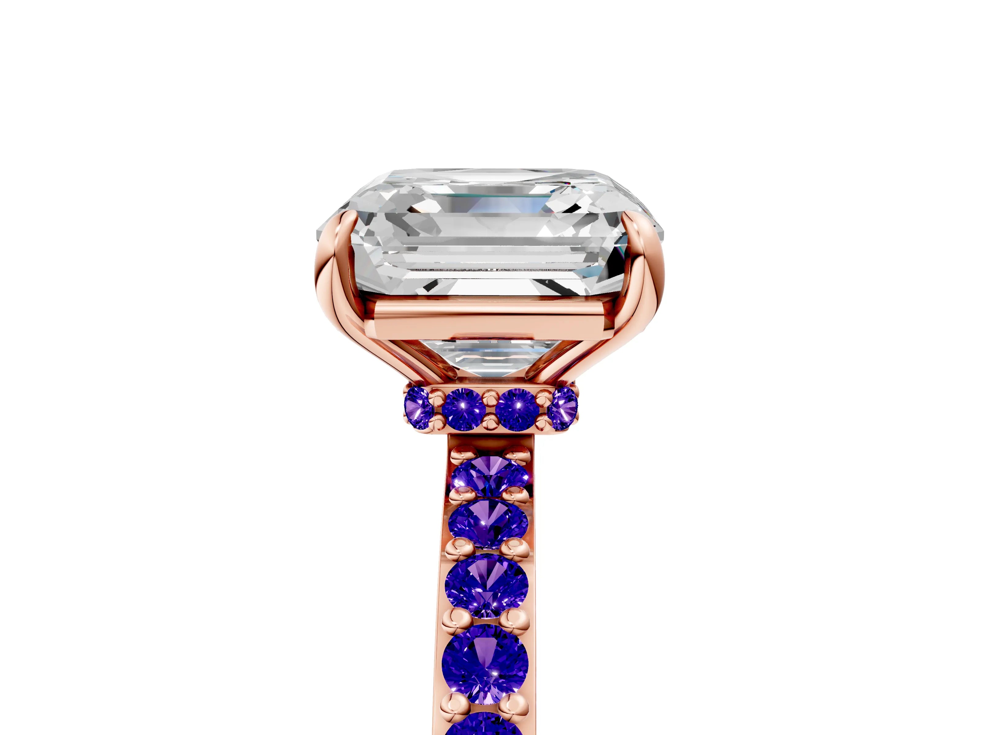 Rose gold Asscher Cut Diamond Pavé Engagement Ring with Round with Tanzanite side stone Accents and Prong Setting_5