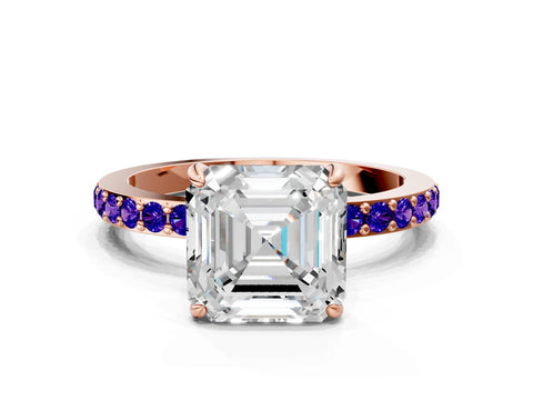 Rose gold Asscher Cut Diamond Pavé Engagement Ring with Round with Tanzanite side stone Accents and Prong Setting