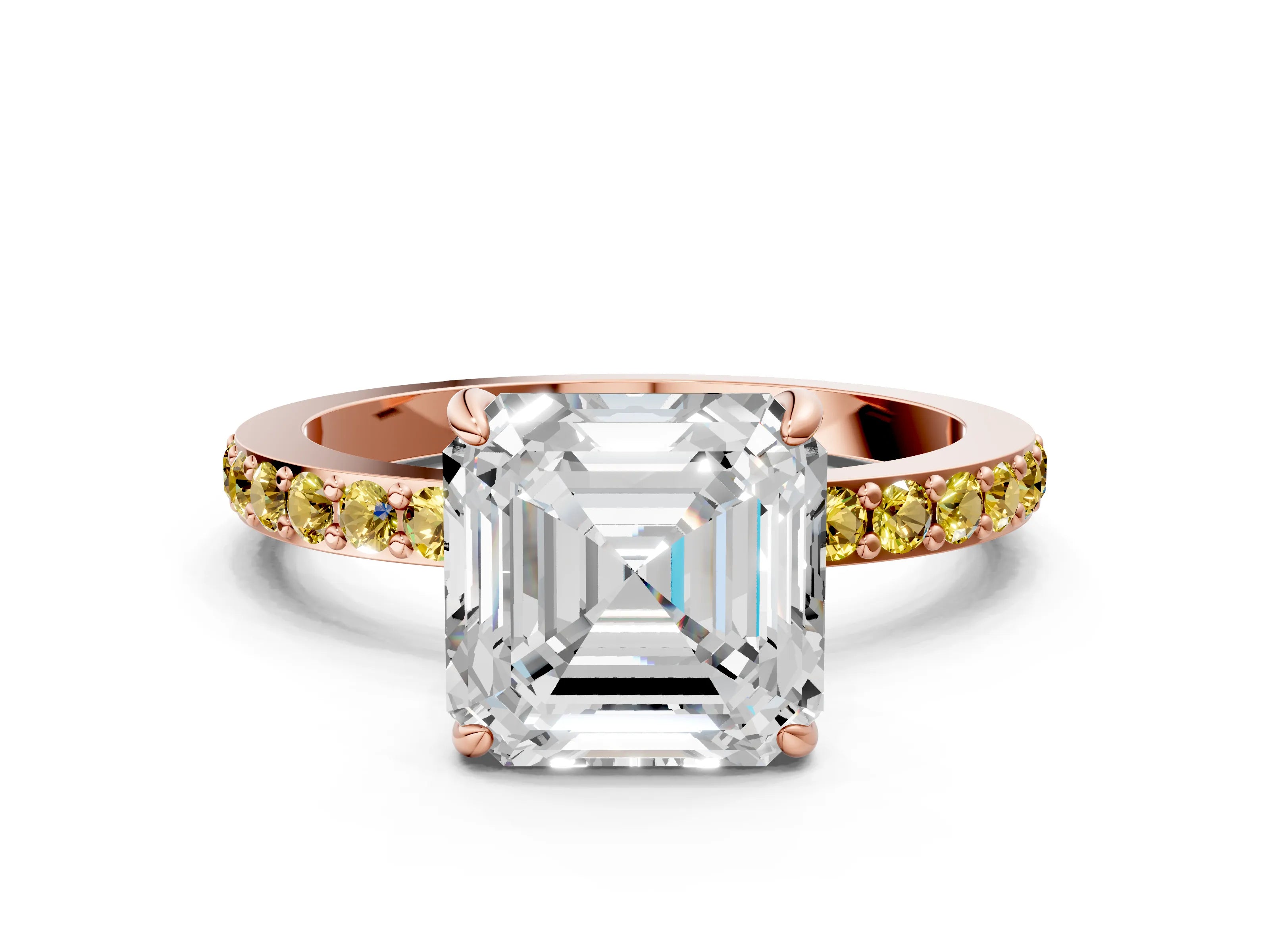 Rose gold Asscher Cut Diamond Pavé Engagement Ring with Round with Yellow Sapphire side stone Accents and Prong Setting