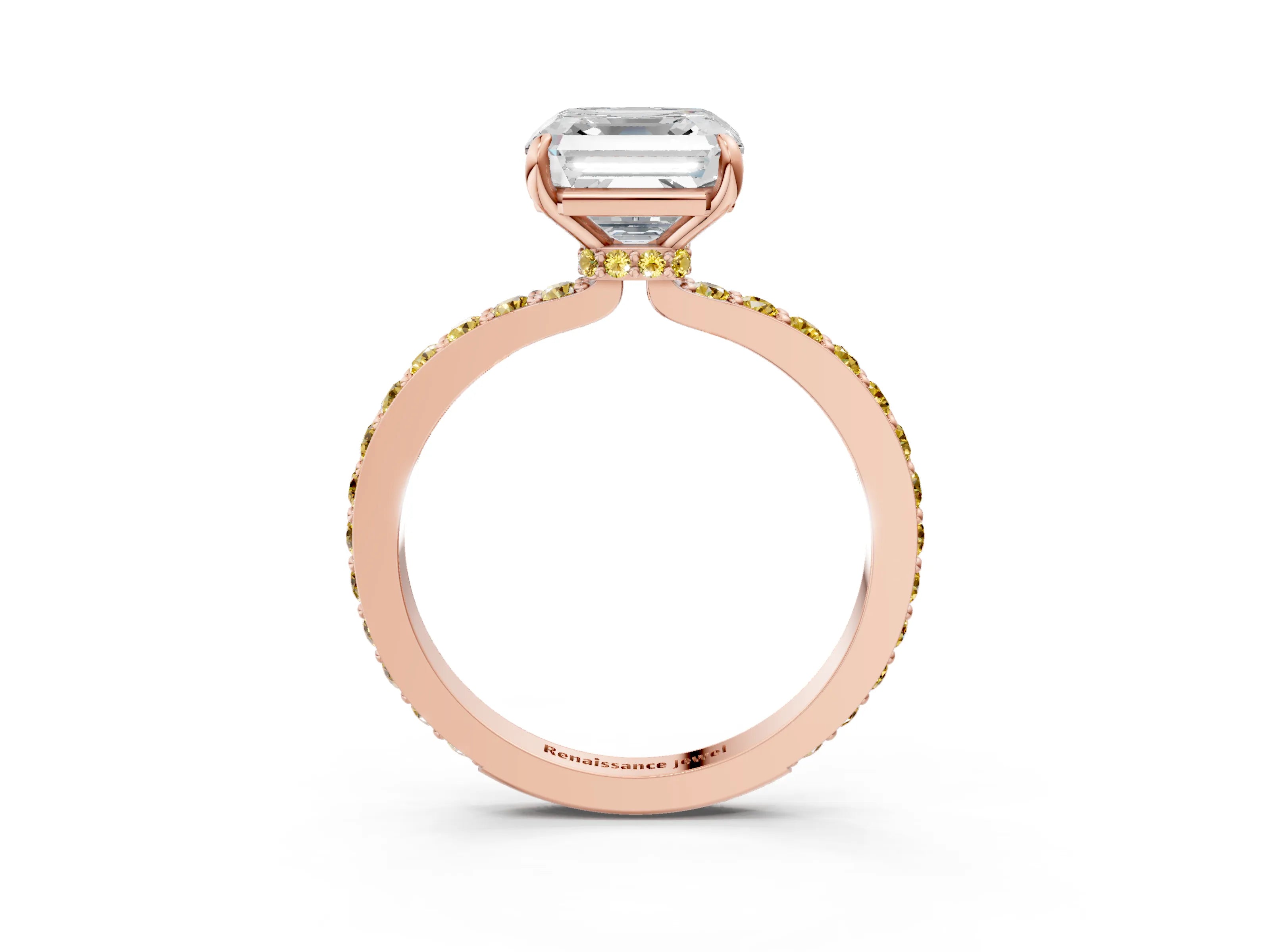 Rose gold Asscher Cut Diamond Pavé Engagement Ring with Round with Yellow Sapphire side stone Accents and Prong Setting_3