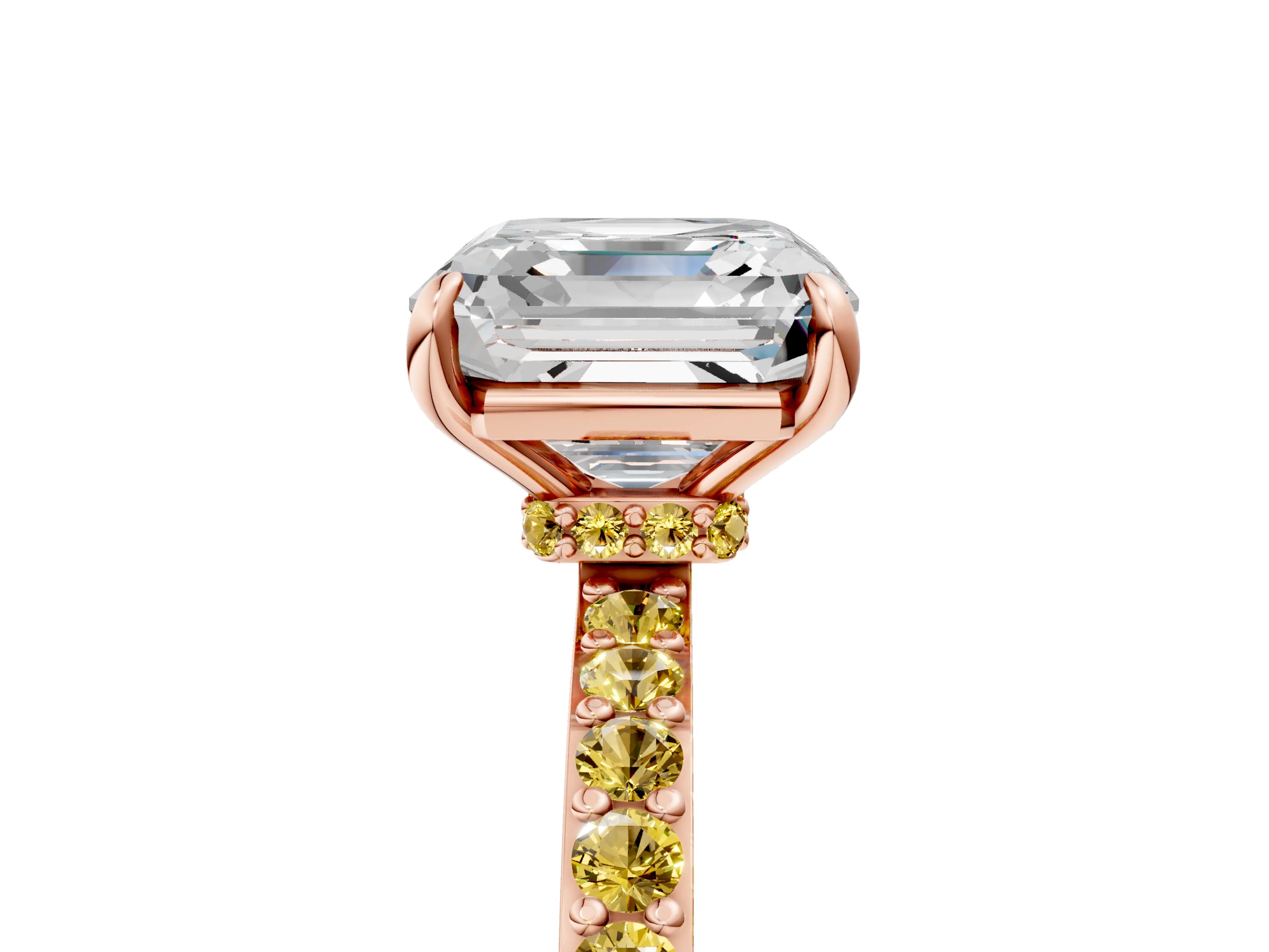 Rose gold Asscher Cut Diamond Pavé Engagement Ring with Round with Yellow Sapphire side stone Accents and Prong Setting_5