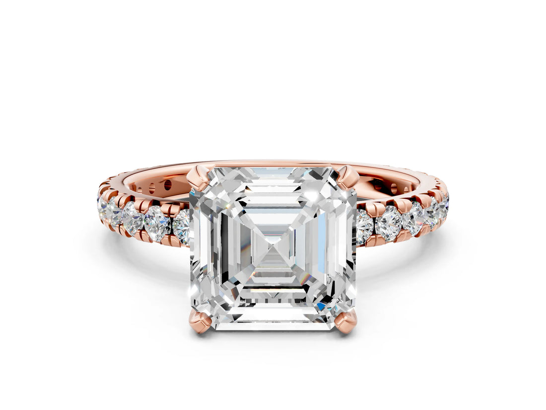 Rose gold Asscher Cut Diamond Pavé Solitaire Ring with Round Band and Prong Setting_12