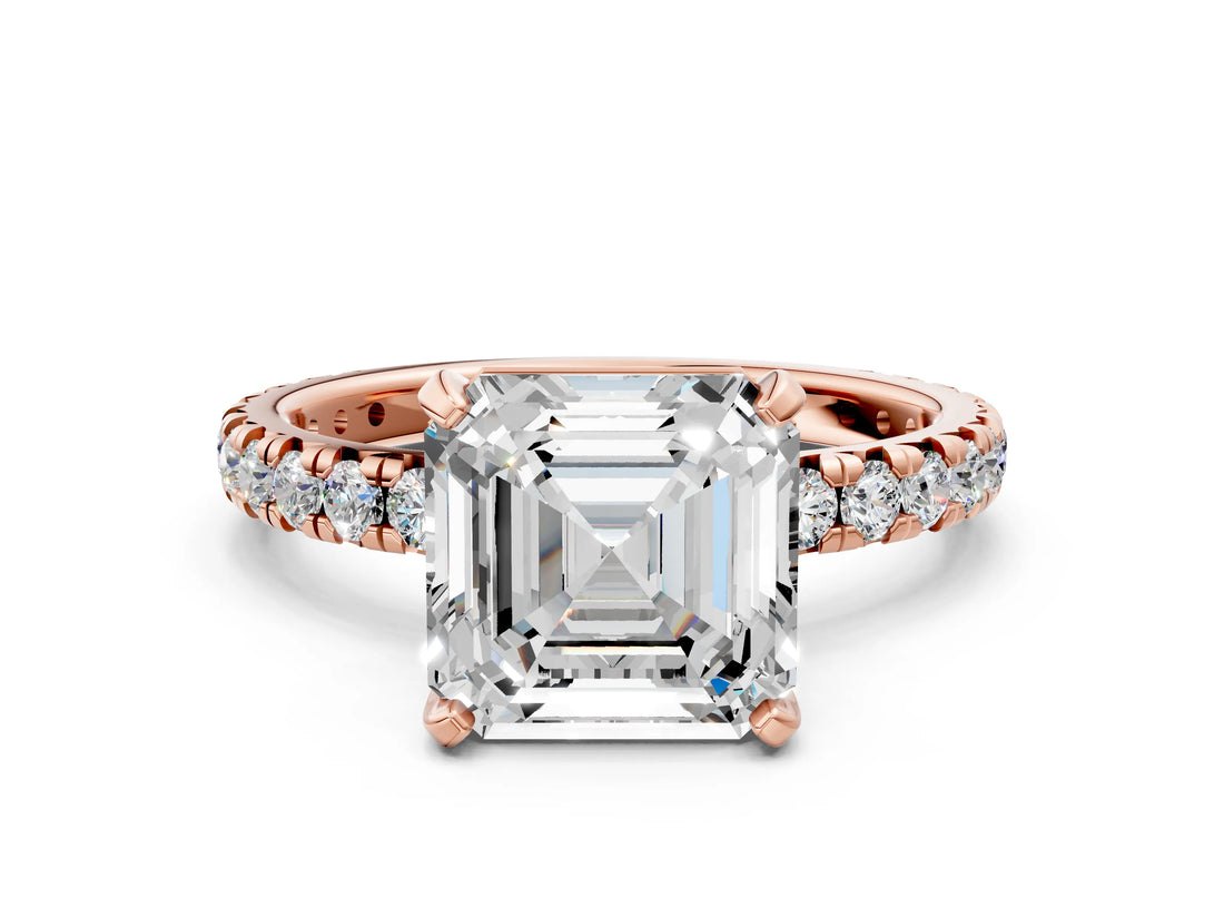 Rose gold Asscher Cut Diamond Pavé Solitaire Ring with Round Band and Prong Setting_24