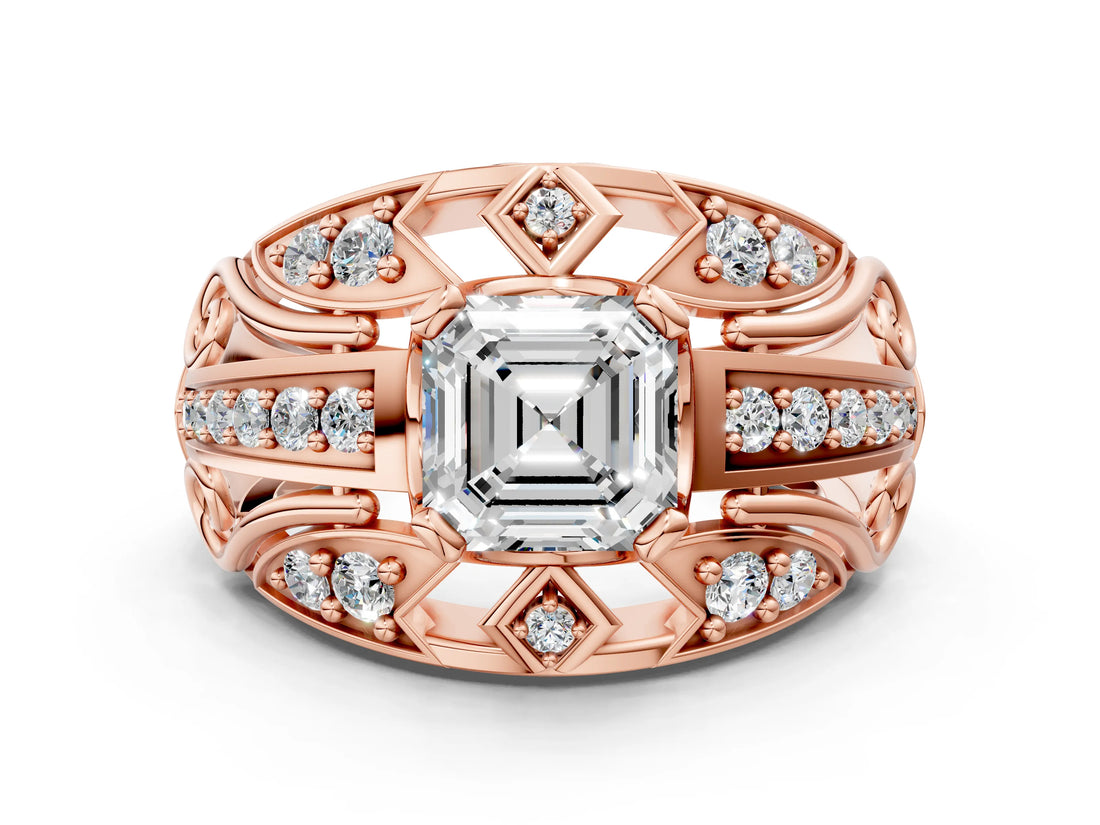 Rose gold Asscher Cut Diamond Pave Art Deco Split Shank Ring with Four-Prong Setting_13