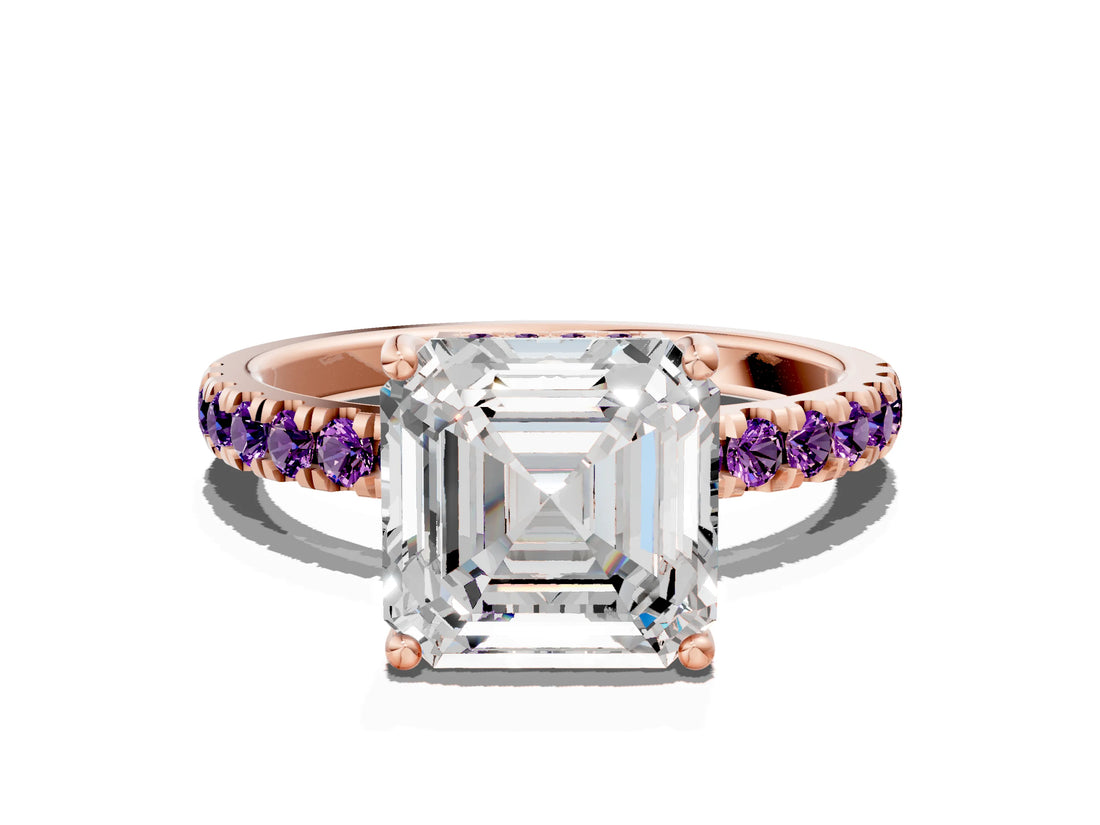 Rose gold Asscher Cut Diamond Pave Band Solitaire Ring with Round with Amethyst side stone and Prong Setting