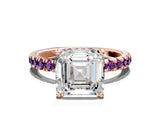 Rose gold Asscher Cut Diamond Pave Band Solitaire Ring with Round with Amethyst side stone and Prong Setting