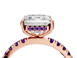 Rose gold Asscher Cut Diamond Pave Band Solitaire Ring with Round with Amethyst side stone and Prong Setting_4