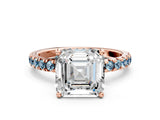 Rose gold Asscher Cut Diamond Pave Band Solitaire Ring with Round with Aquamarine side stone and Prong Setting_12