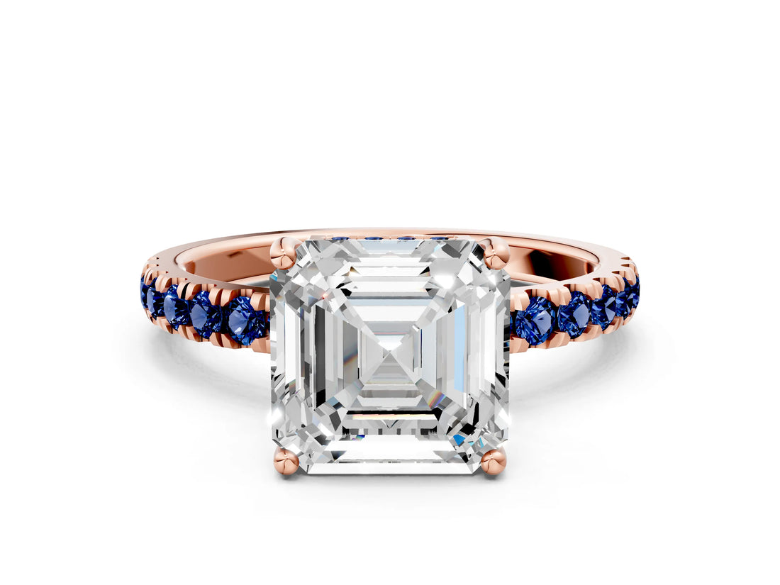 Rose gold Asscher Cut Diamond Pave Band Solitaire Ring with Round with Blue Sapphire side stone and Prong Setting_12