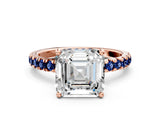 Rose gold Asscher Cut Diamond Pave Band Solitaire Ring with Round with Blue Sapphire side stone and Prong Setting_12