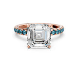 Rose gold Asscher Cut Diamond Pave Band Solitaire Ring with Round with Blue Topaz side stone and Prong Setting_12