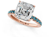 Rose gold Asscher Cut Diamond Pave Band Solitaire Ring with Round with Blue Topaz side stone and Prong Setting_13
