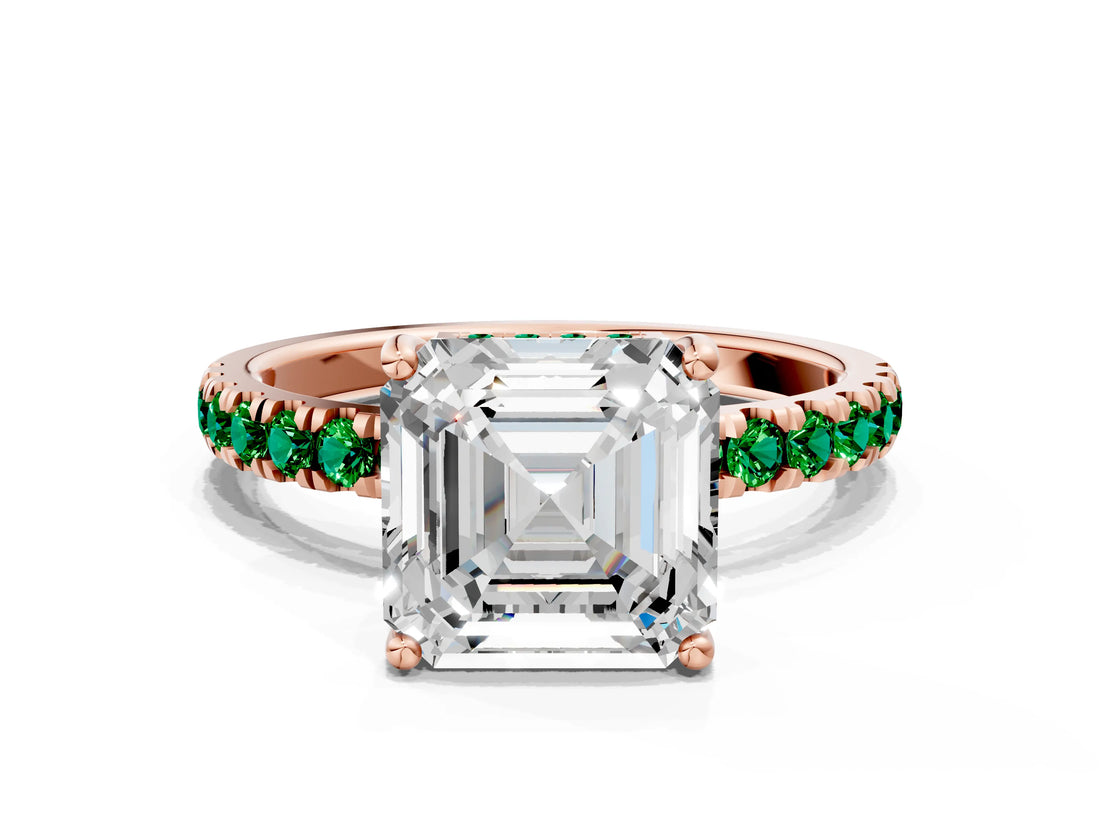 Rose gold Asscher Cut Diamond Pave Band Solitaire Ring with Round with Emerald side stone and Prong Setting